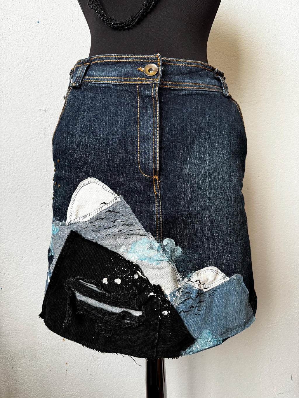 Reworked denim skirt, patchwork jeans with handpainted details