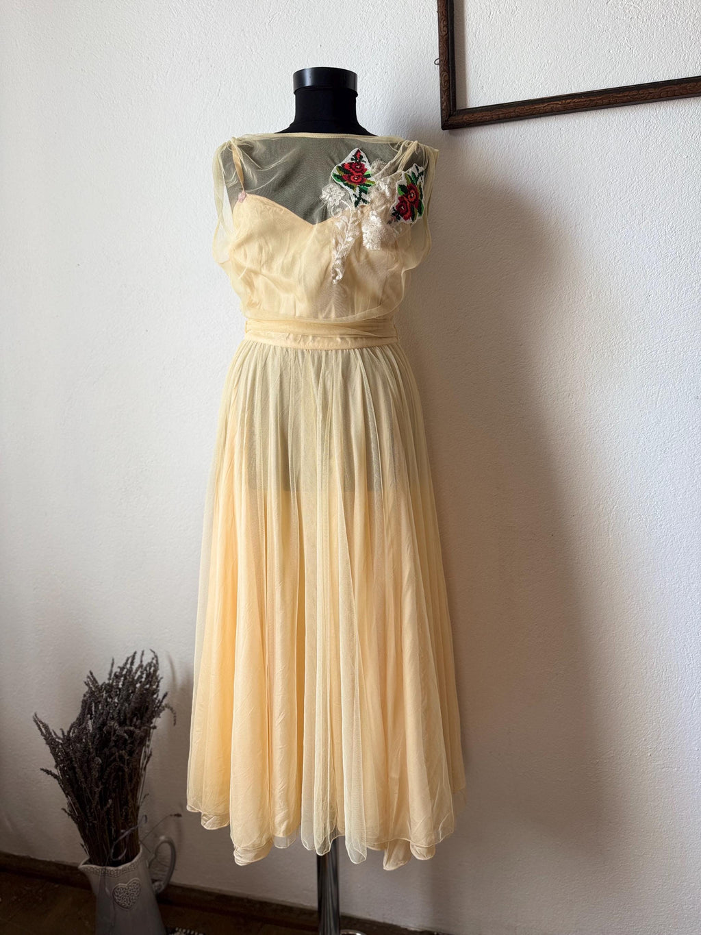 Authentic Vera Mont elegant dress with embroidered details. One of a kind upcycled piece