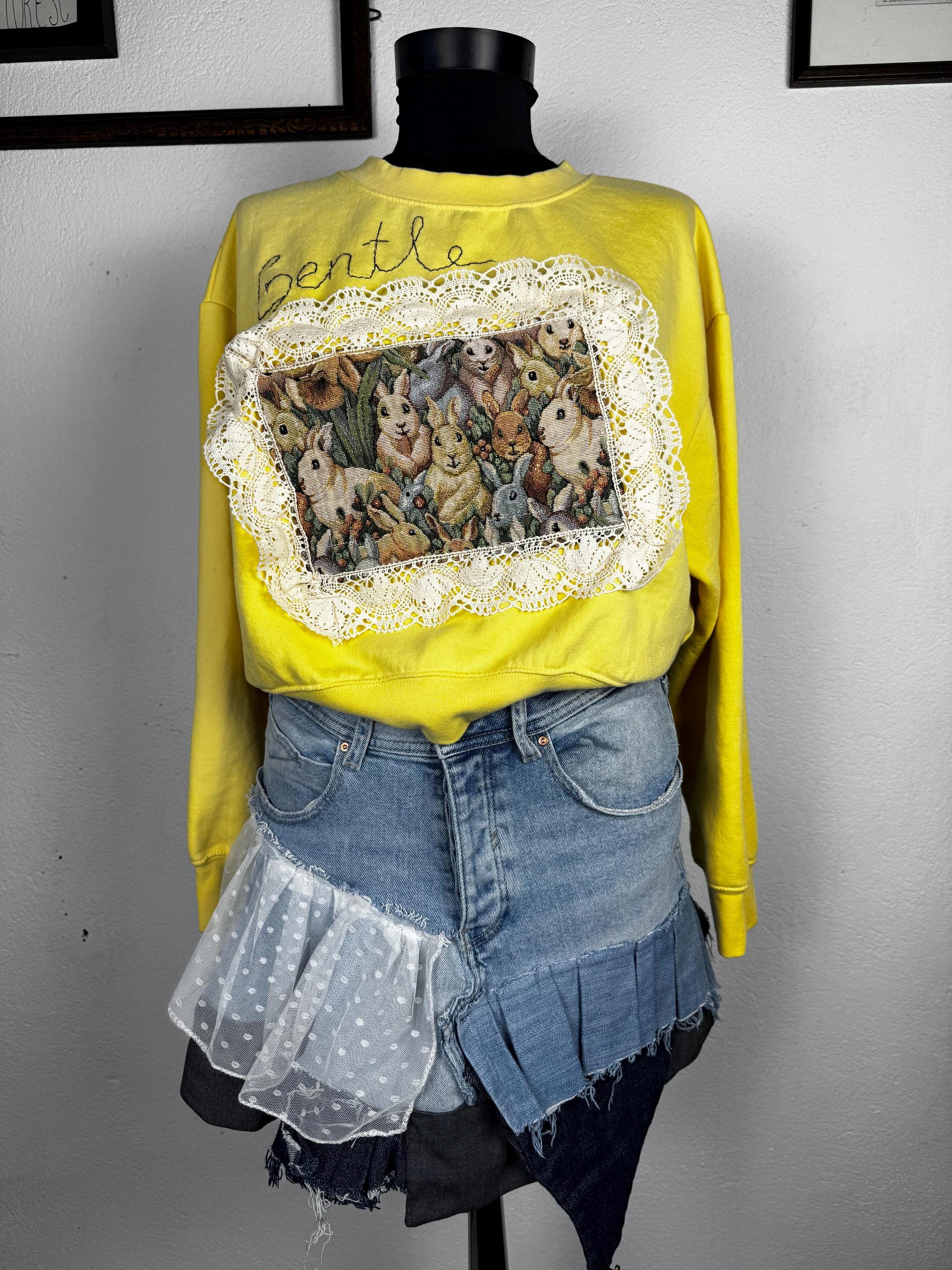 Upcycled cottage core bunny sweatshirt, yellow pullover with vintage bunny tapestry and lace