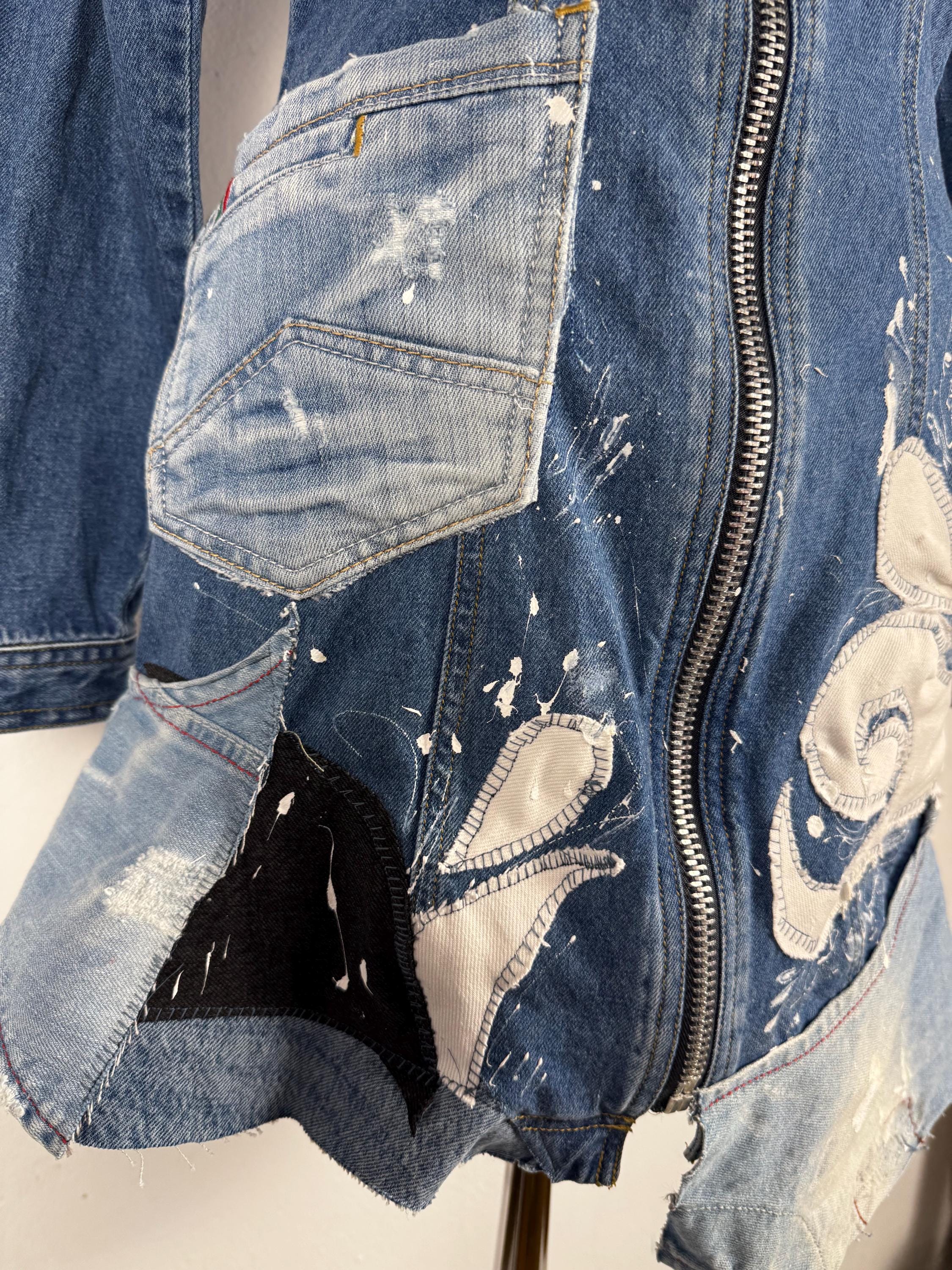 Upcycled Denim Mini Dress, OOAK Patchwork Jeans, Hand-Painted, Joujou, S