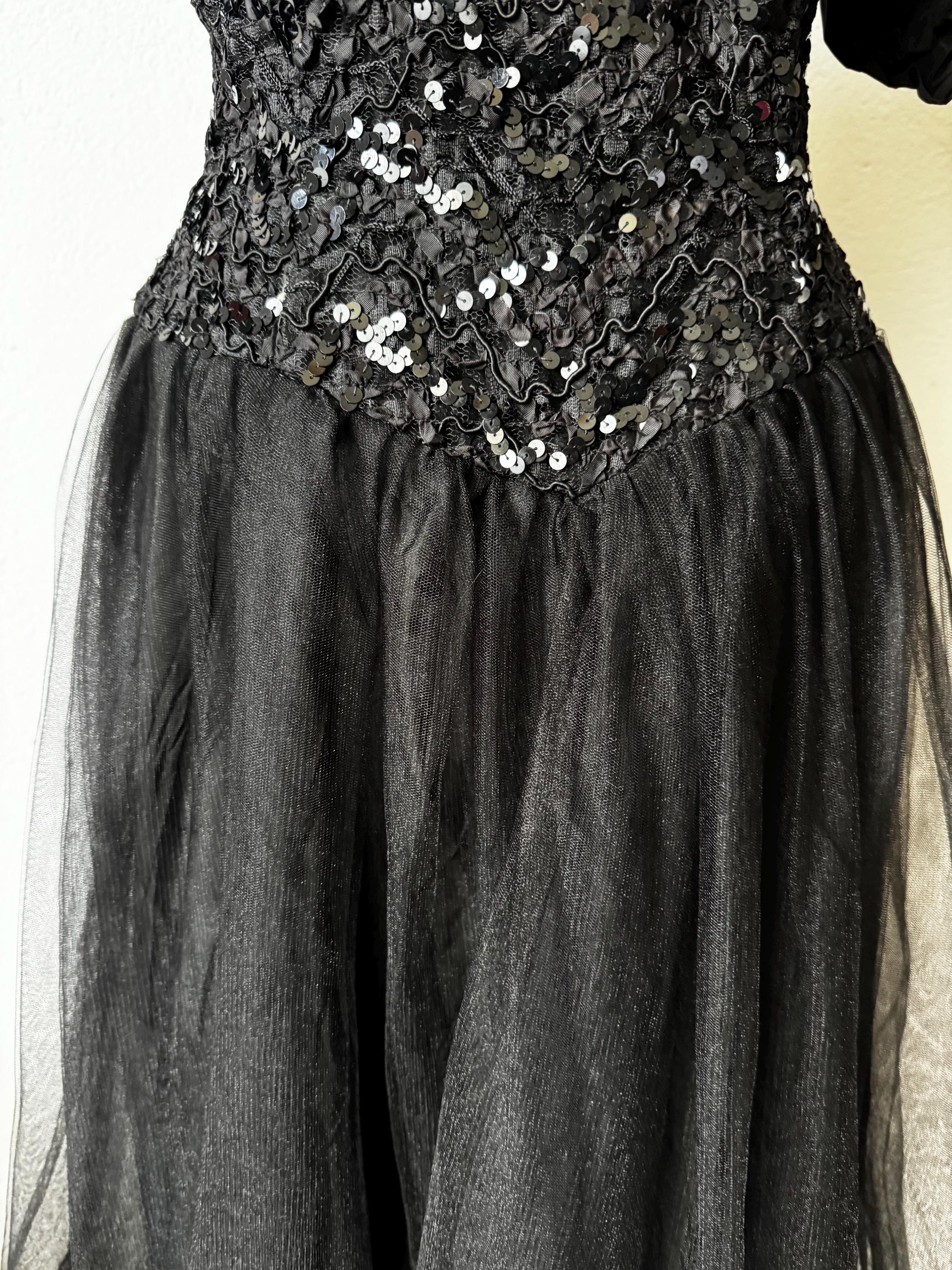 Vintage Vera Mont Black Tulle Gown, 80s Off-Shoulder Party Dress, Size L