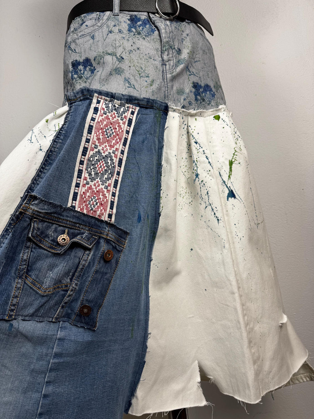 Upcycled skirt, hand painted denim, patchwork jeans