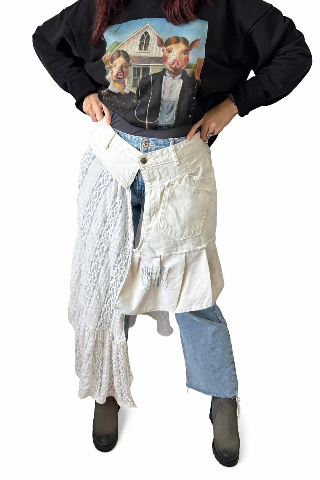 Upcycled Denim Lace Belt, plus size skirt over pants