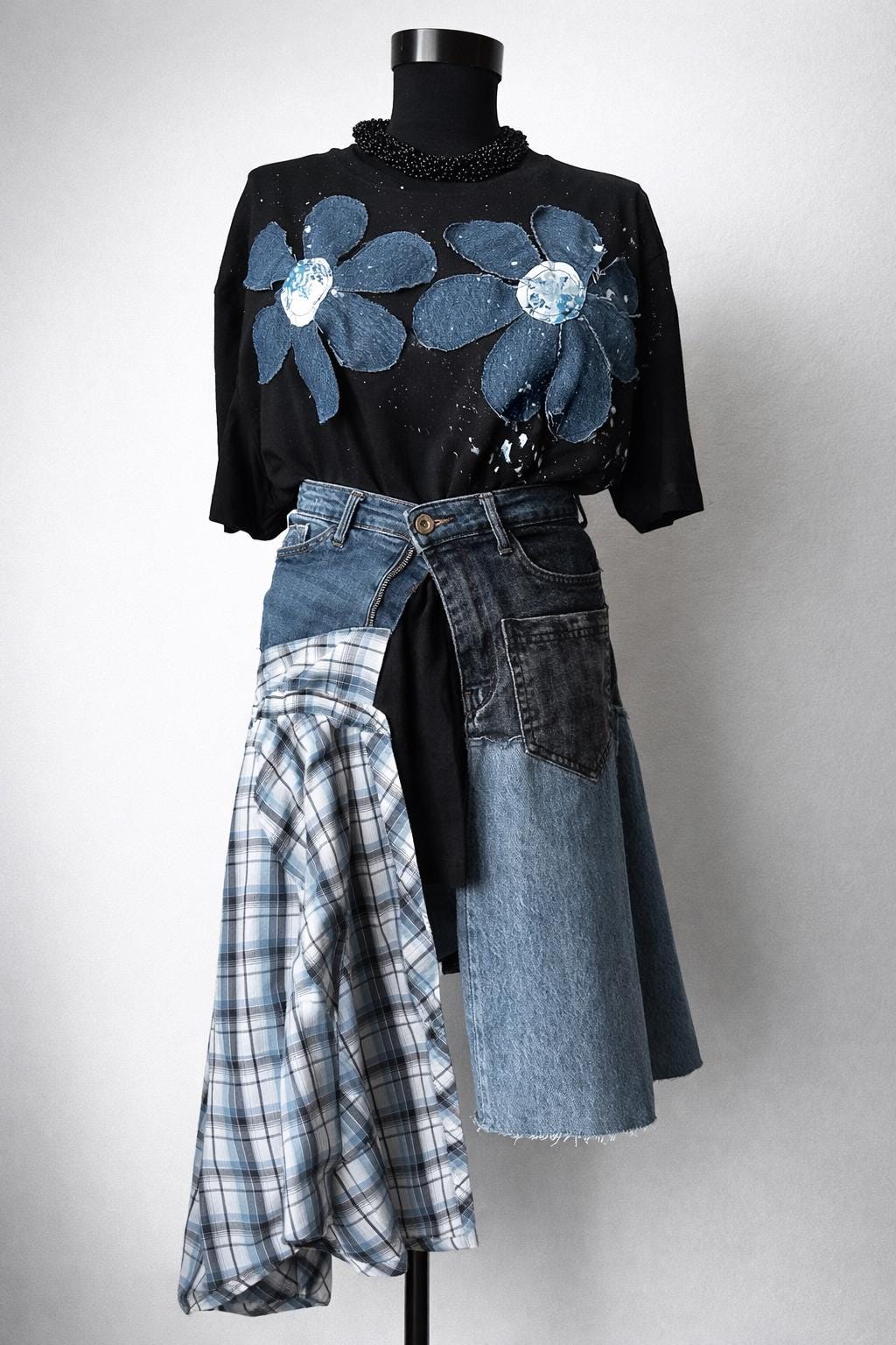 Skirt over jeans, one of a kind wearable art