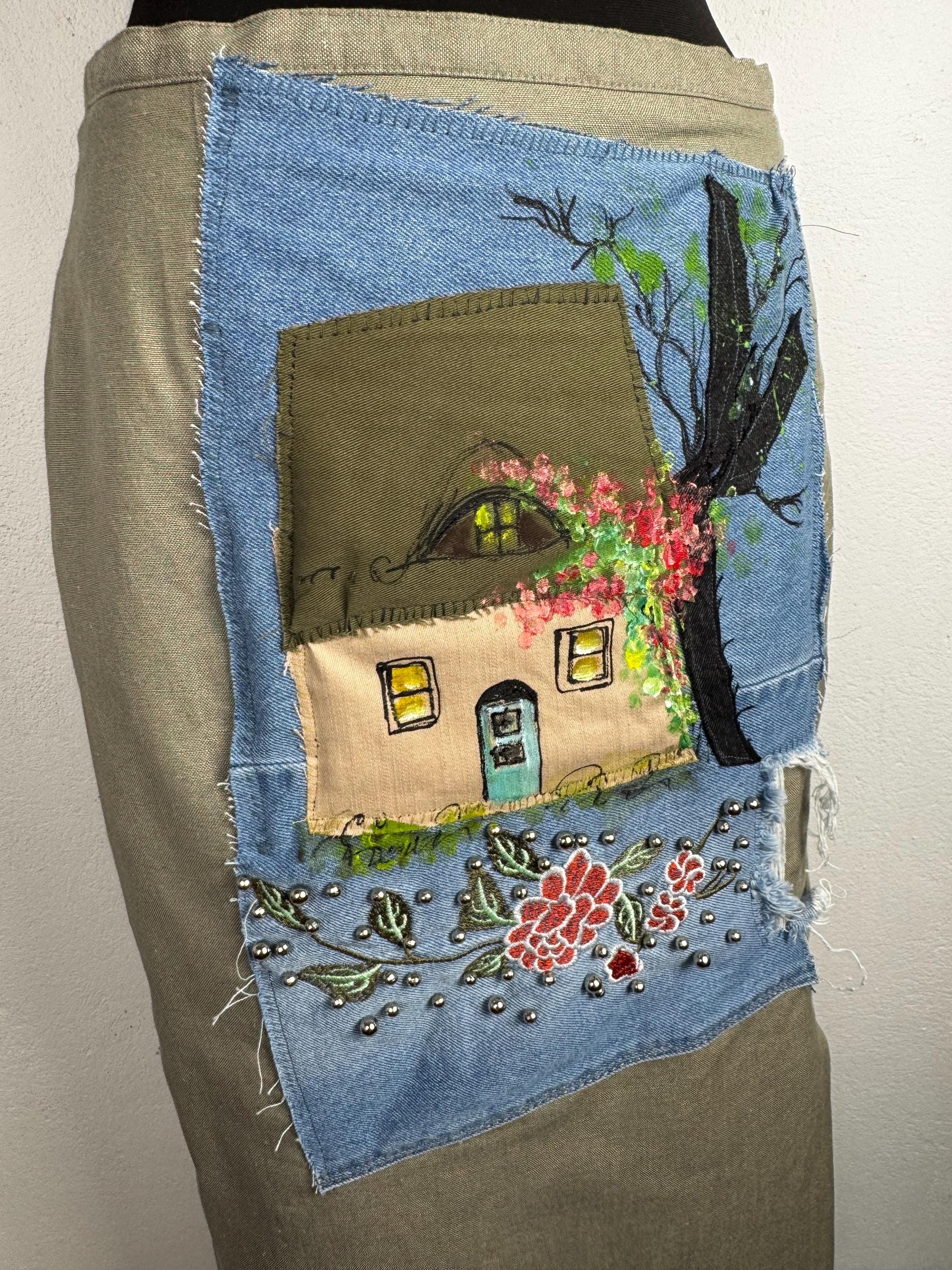 Upcycled Distler midi skirt with hand painted cottage patchwork. Cotton linen blend, sustainable one of a kind boho vintage piece