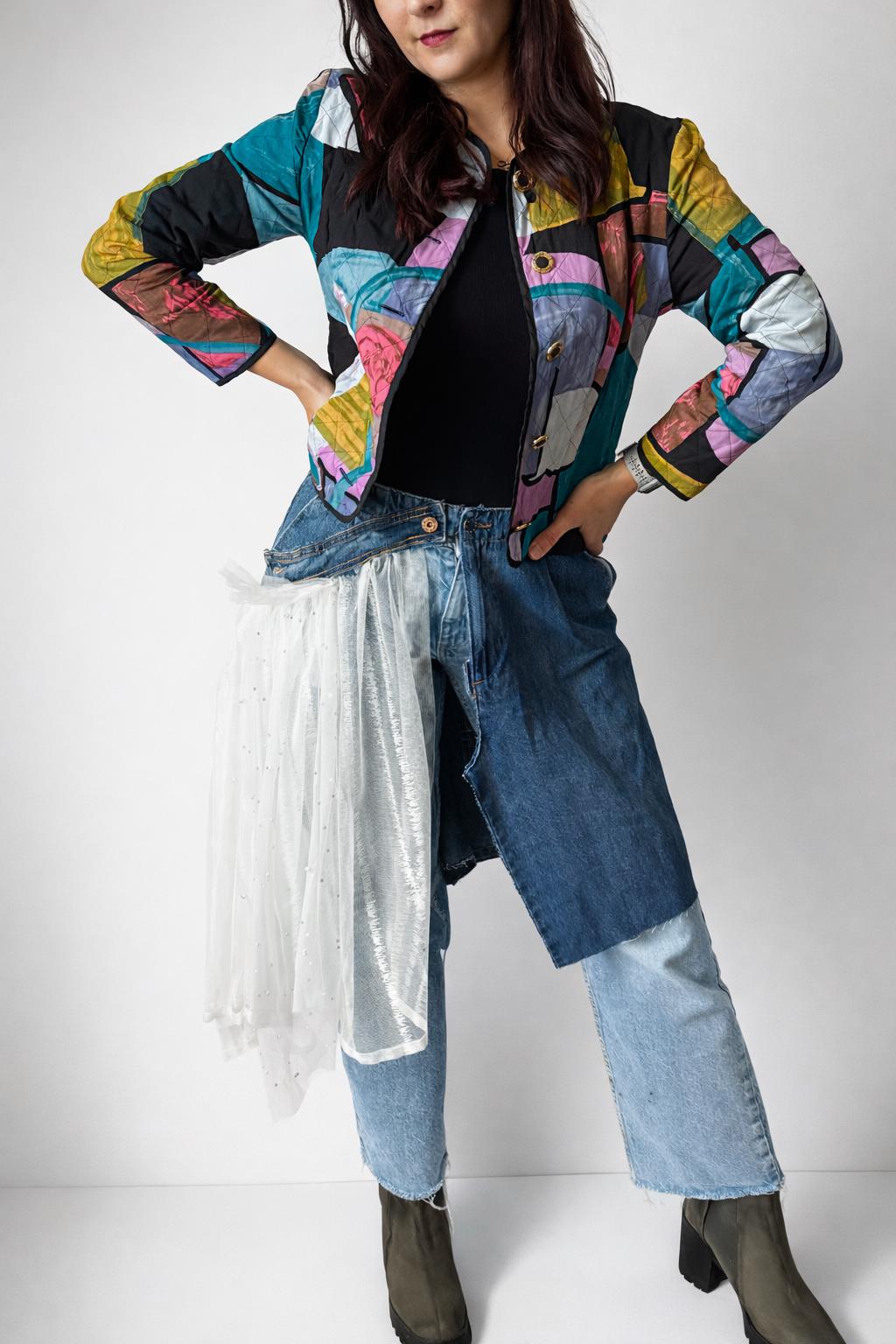 Skirt over jeans, one of a kind piece of wearable art