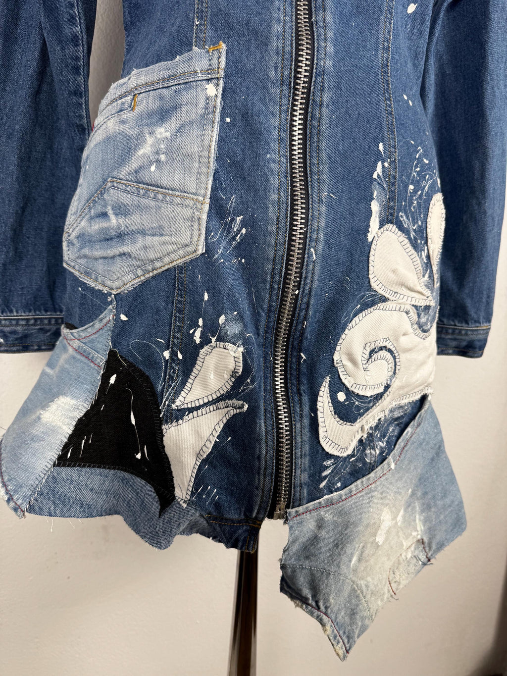 Upcycled Denim Mini Dress, OOAK Patchwork Jeans, Hand-Painted, Joujou, S