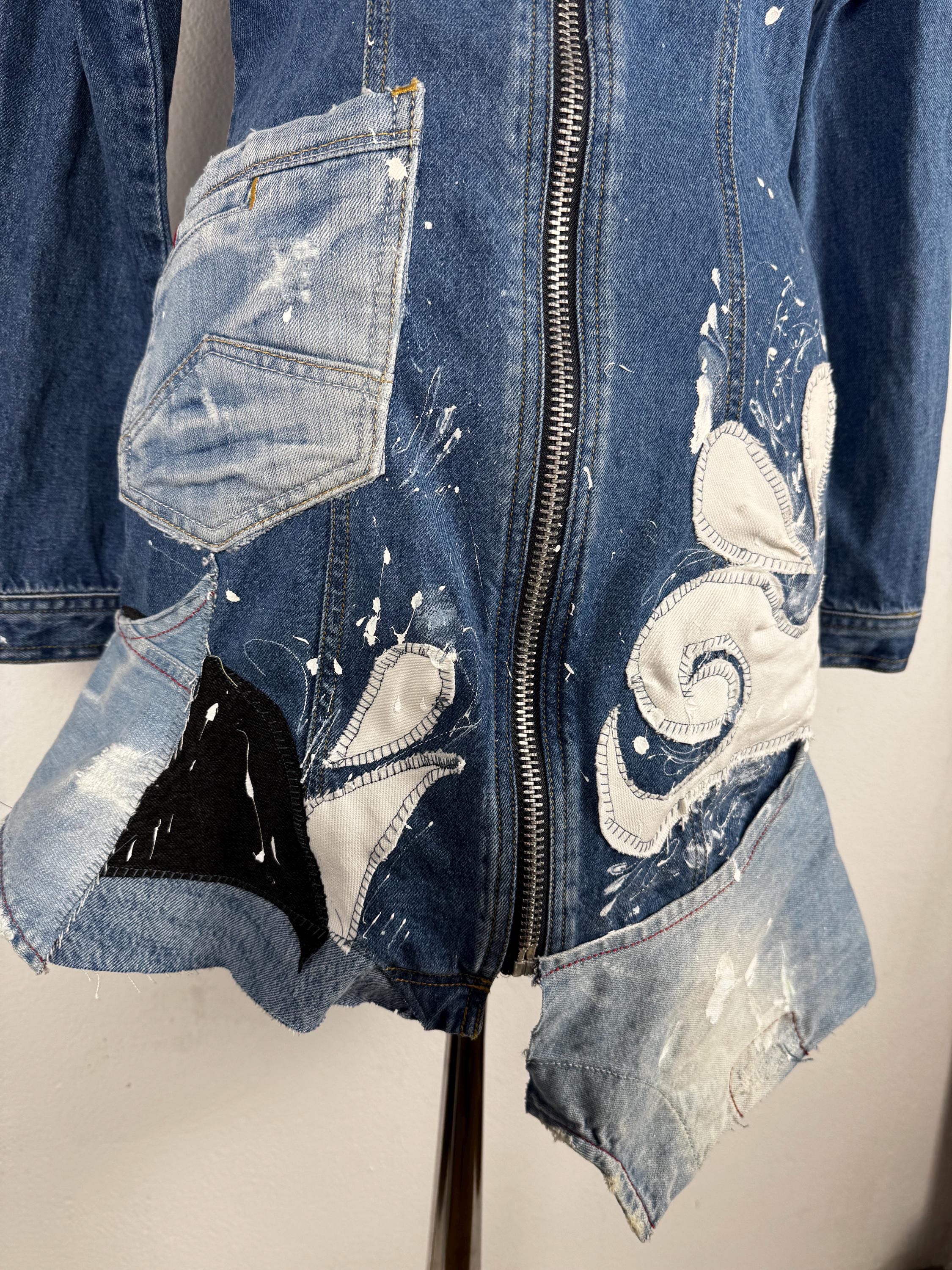 Upcycled Denim Mini Dress, OOAK Patchwork Jeans, Hand-Painted, Joujou, S