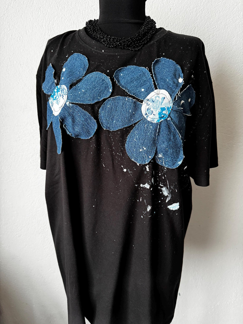 Denim flowers t-shirt, handpainted with recycled jeans patchwork