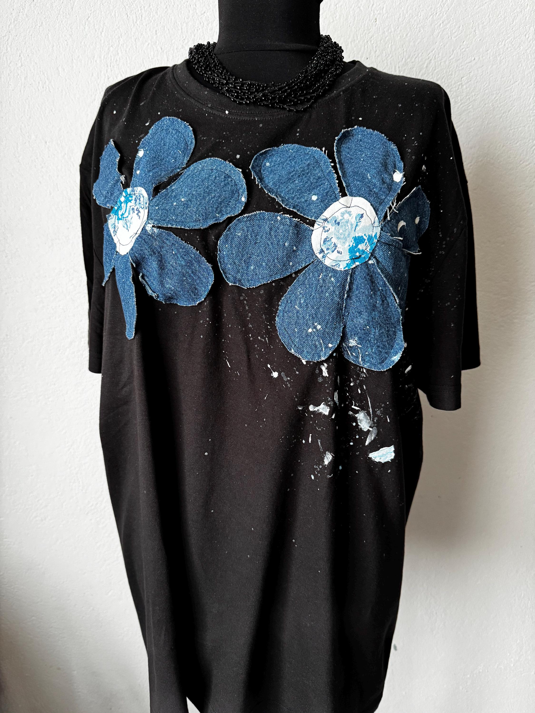 Denim flowers t-shirt, handpainted with recycled jeans patchwork