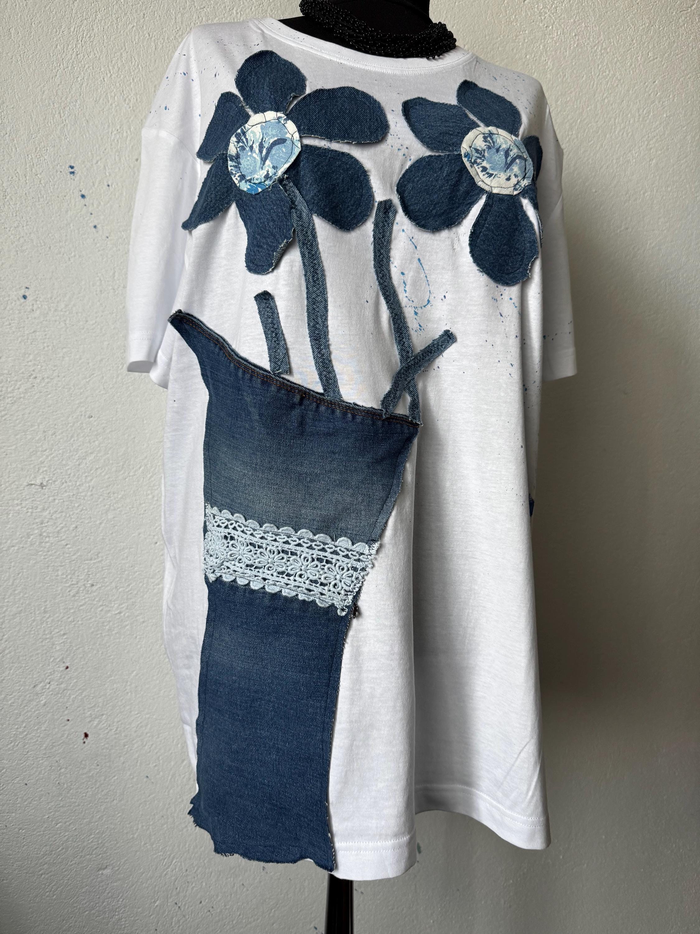 Denim flower vase t-shirt, handpainted with recycled jeans patchwork