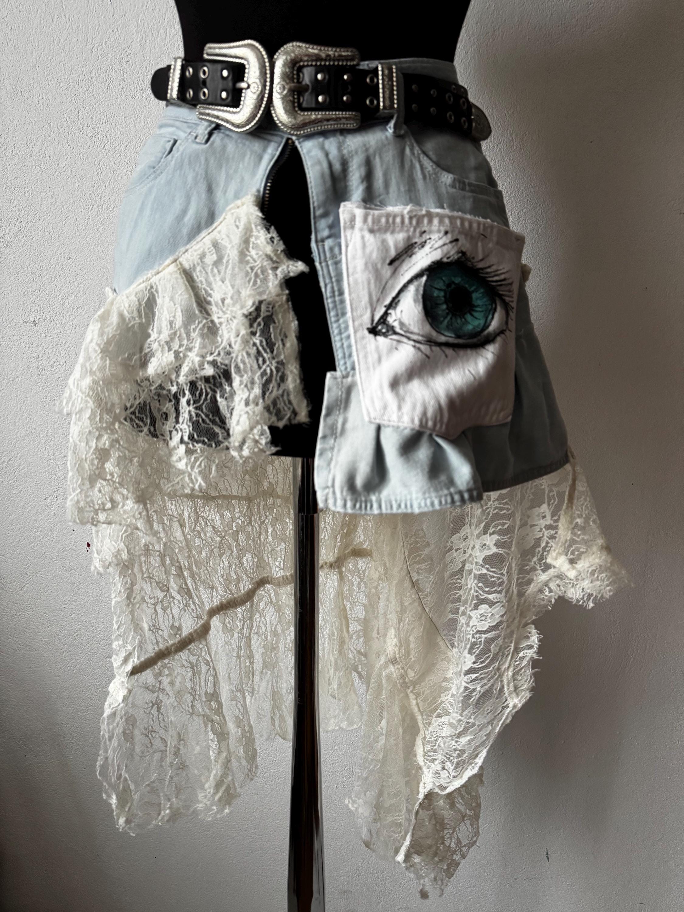 Upcycled Denim Lace Belt, Hand-Painted Eye Detail, Grunge Festival Style