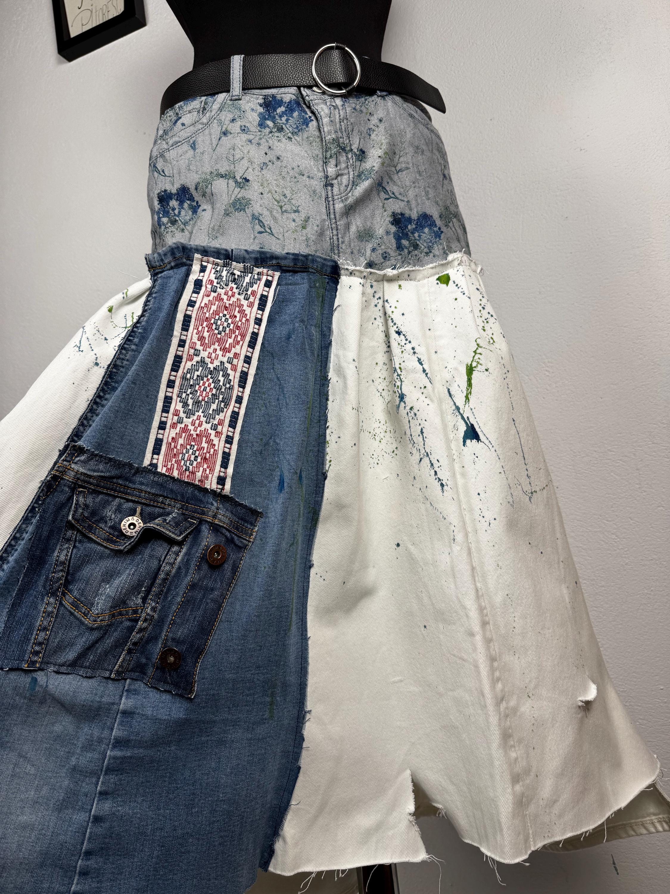 Upcycled skirt, hand painted denim, patchwork jeans
