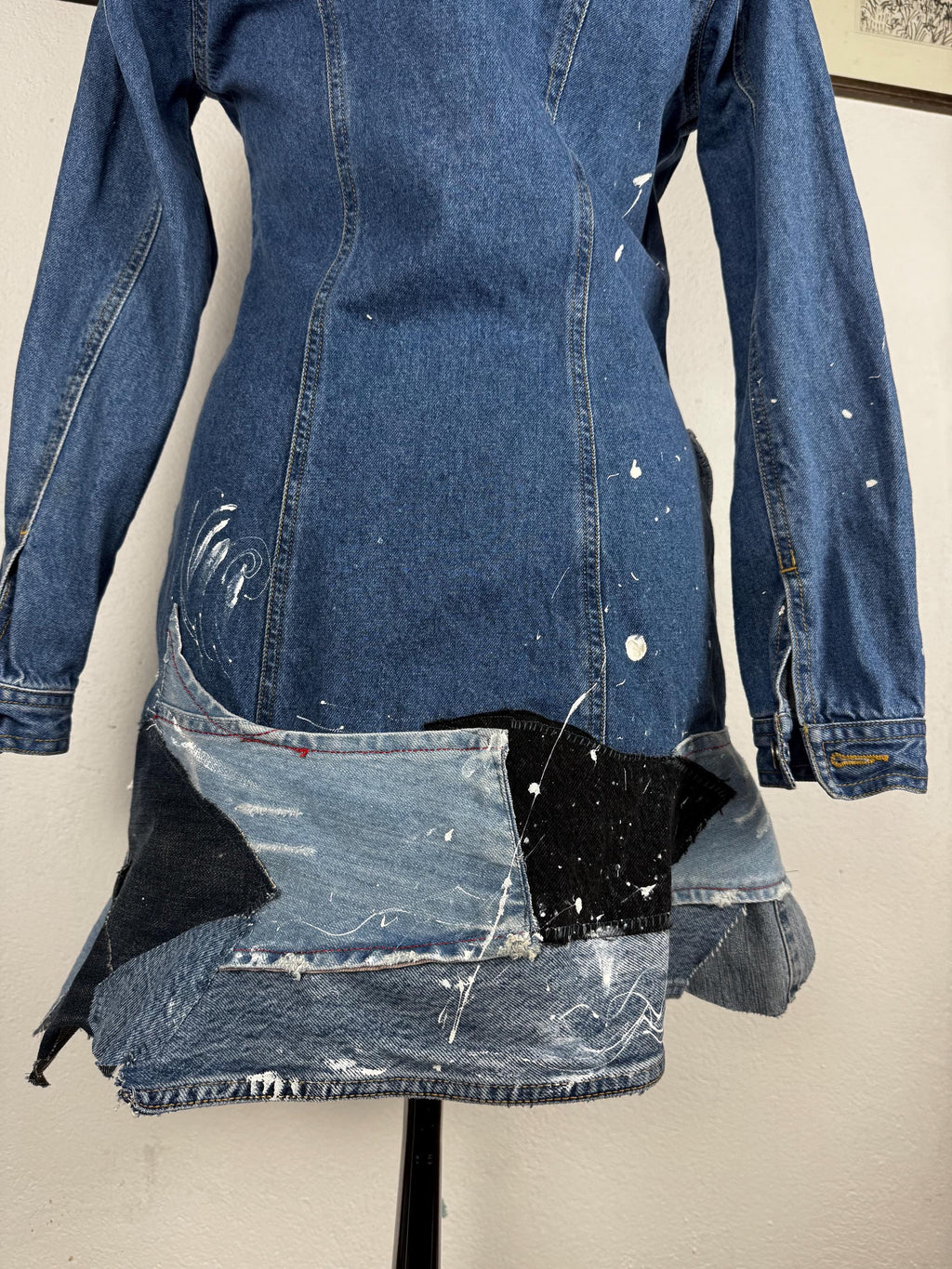 Upcycled Denim Mini Dress, OOAK Patchwork Jeans, Hand-Painted, Joujou, S