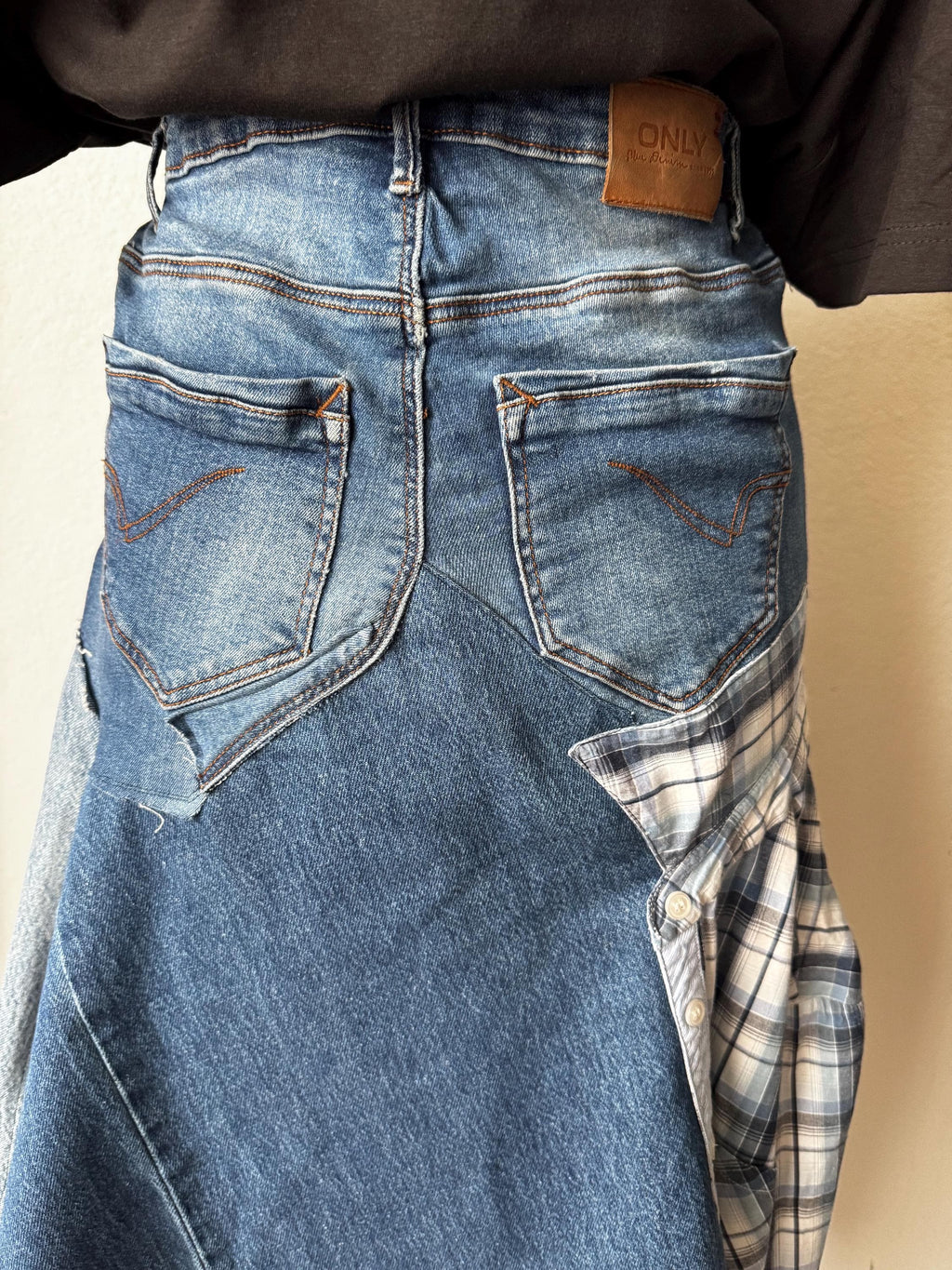 Skirt over jeans, one of a kind wearable art