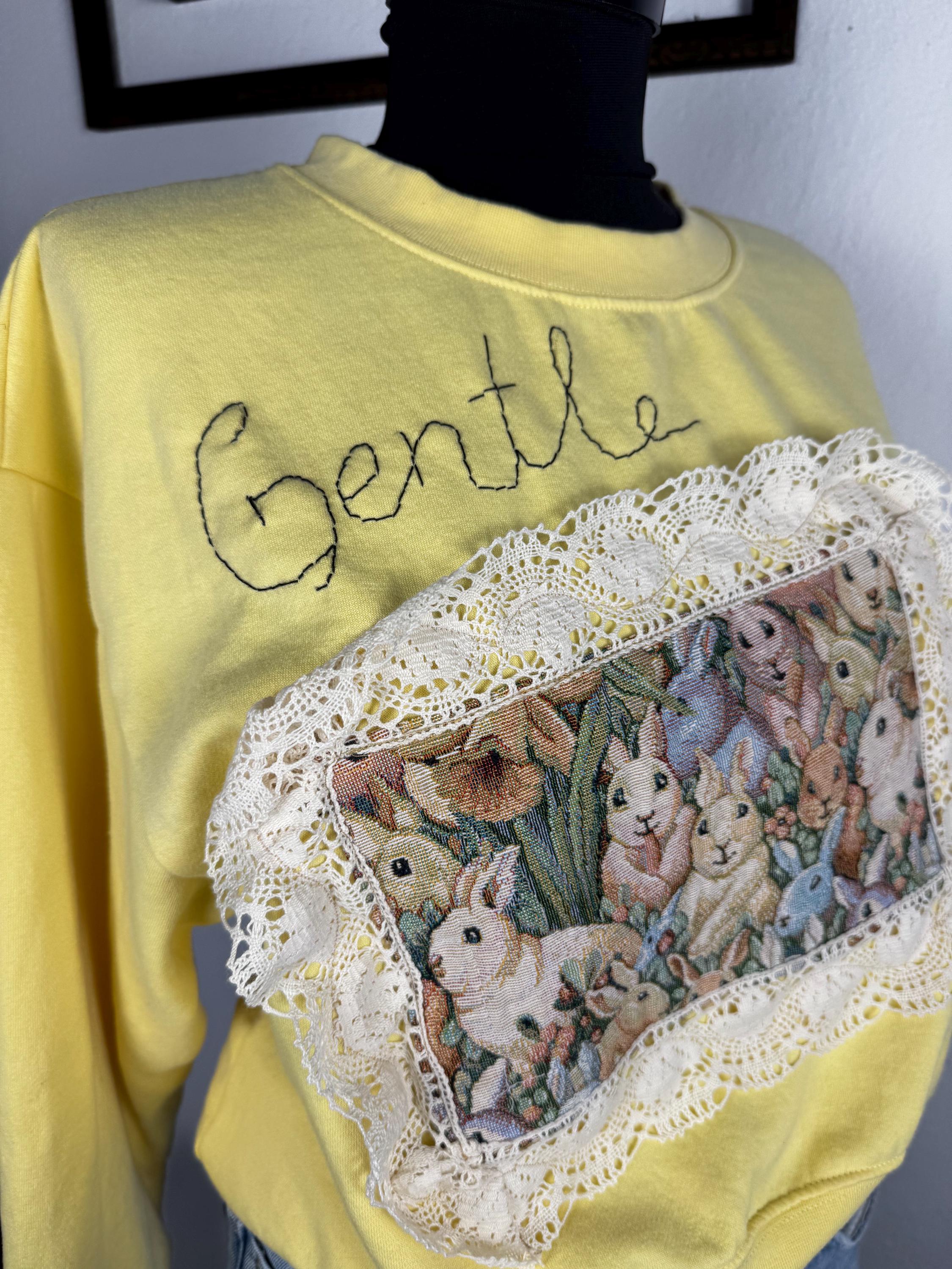 Upcycled cottage core bunny sweatshirt, yellow pullover with vintage bunny tapestry and lace