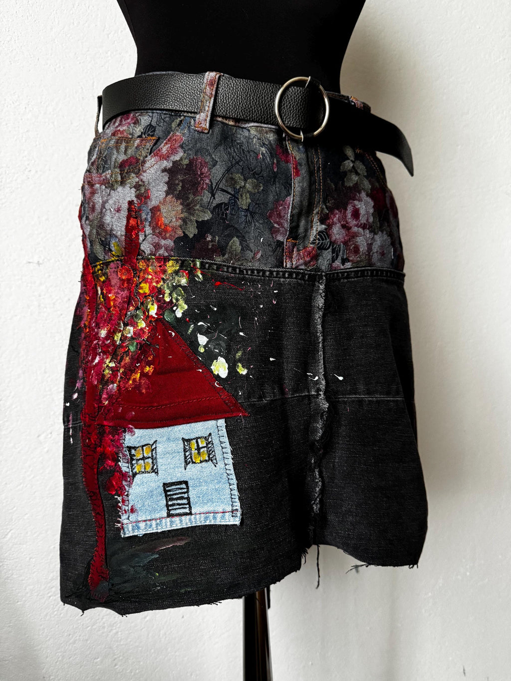 Boho Upcycled skirt with romantic cottage and flowers texture