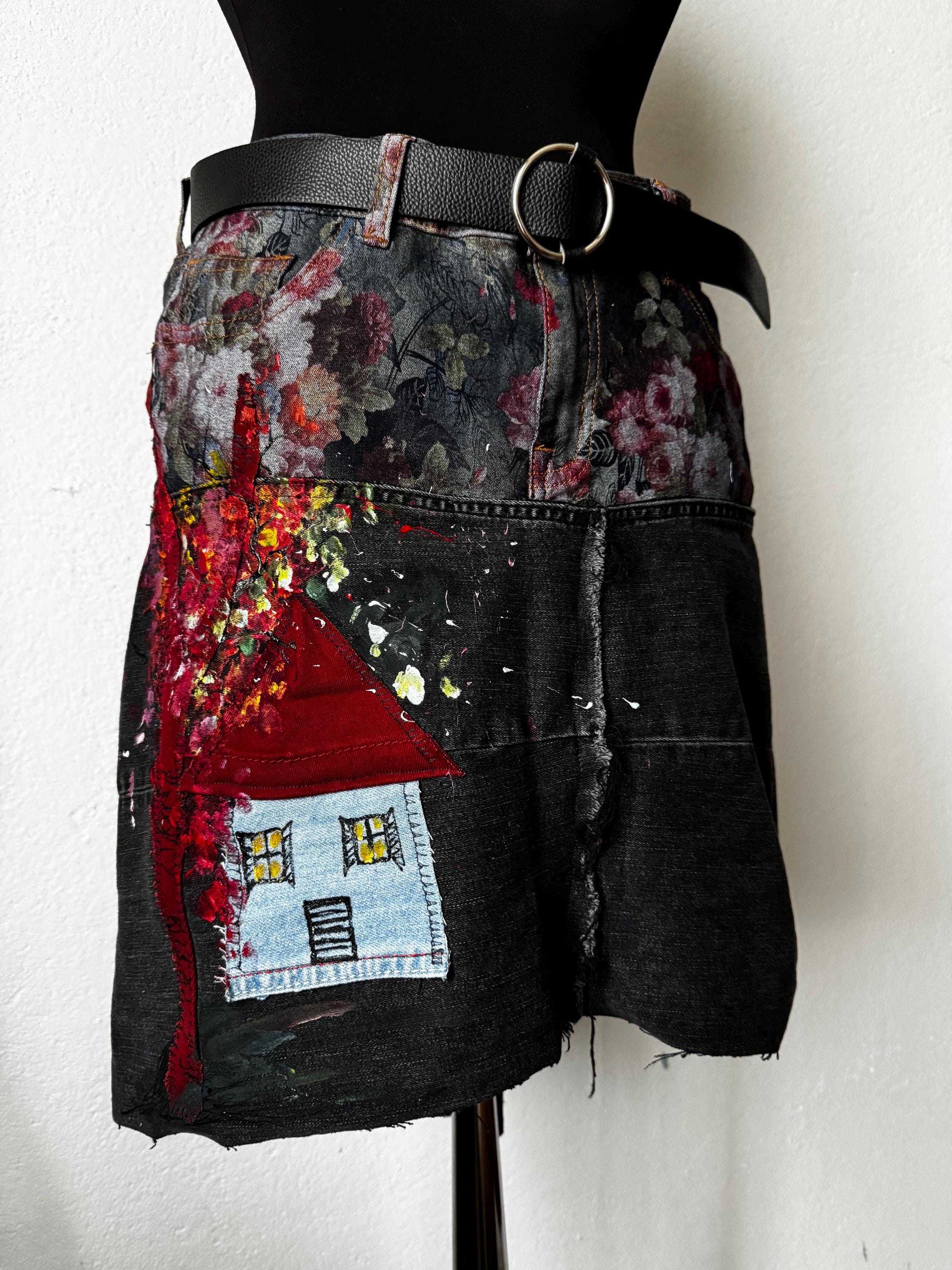 Boho Upcycled skirt with romantic cottage and flowers texture