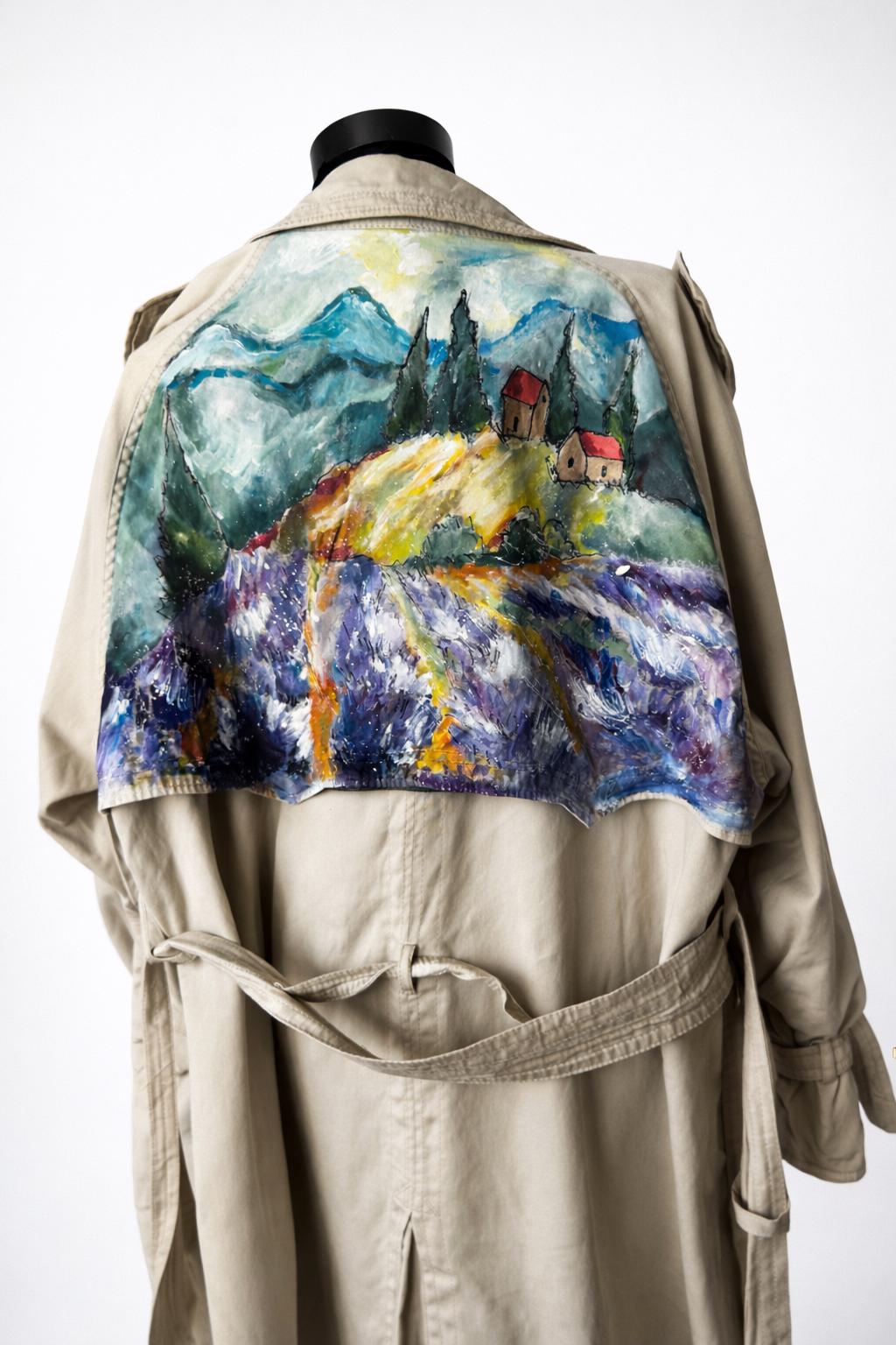 Hand painted vintage trench, one of a kind sustainable piece