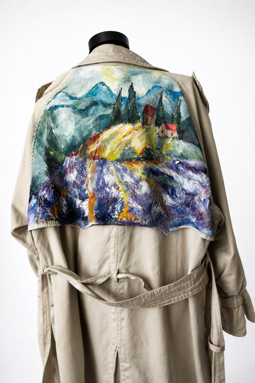 Hand painted vintage trench, one of a kind sustainable piece