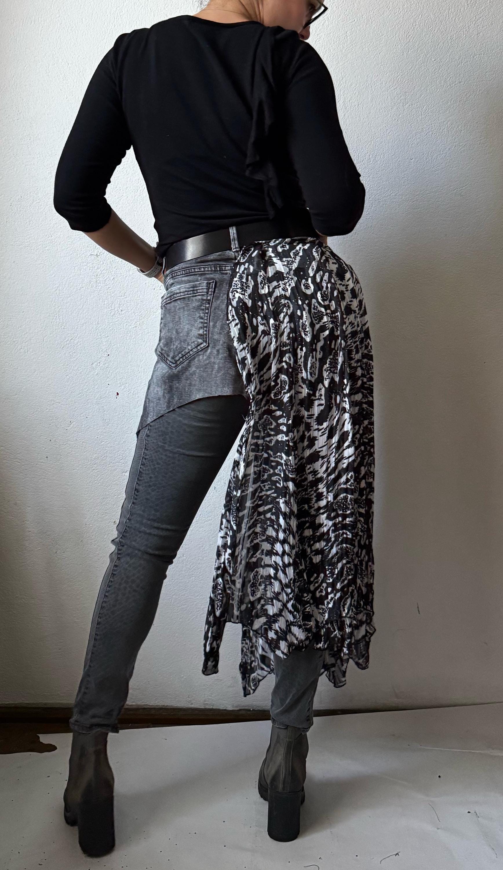 Skirt over jeans, recycled materials, contemporary design