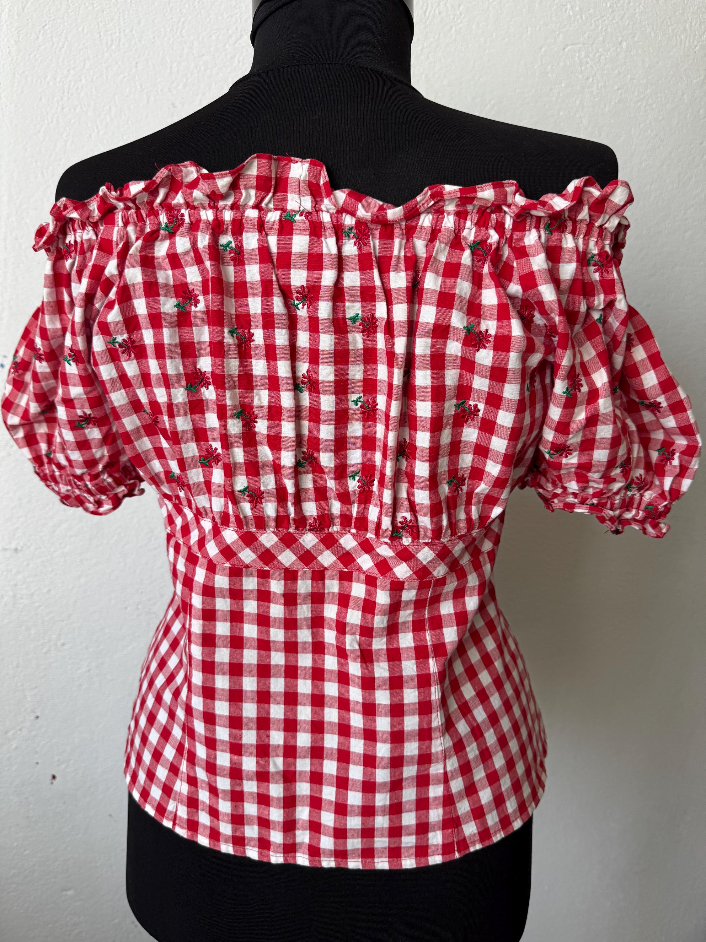 Vintage top cottage chic with red squares and embroider flowers