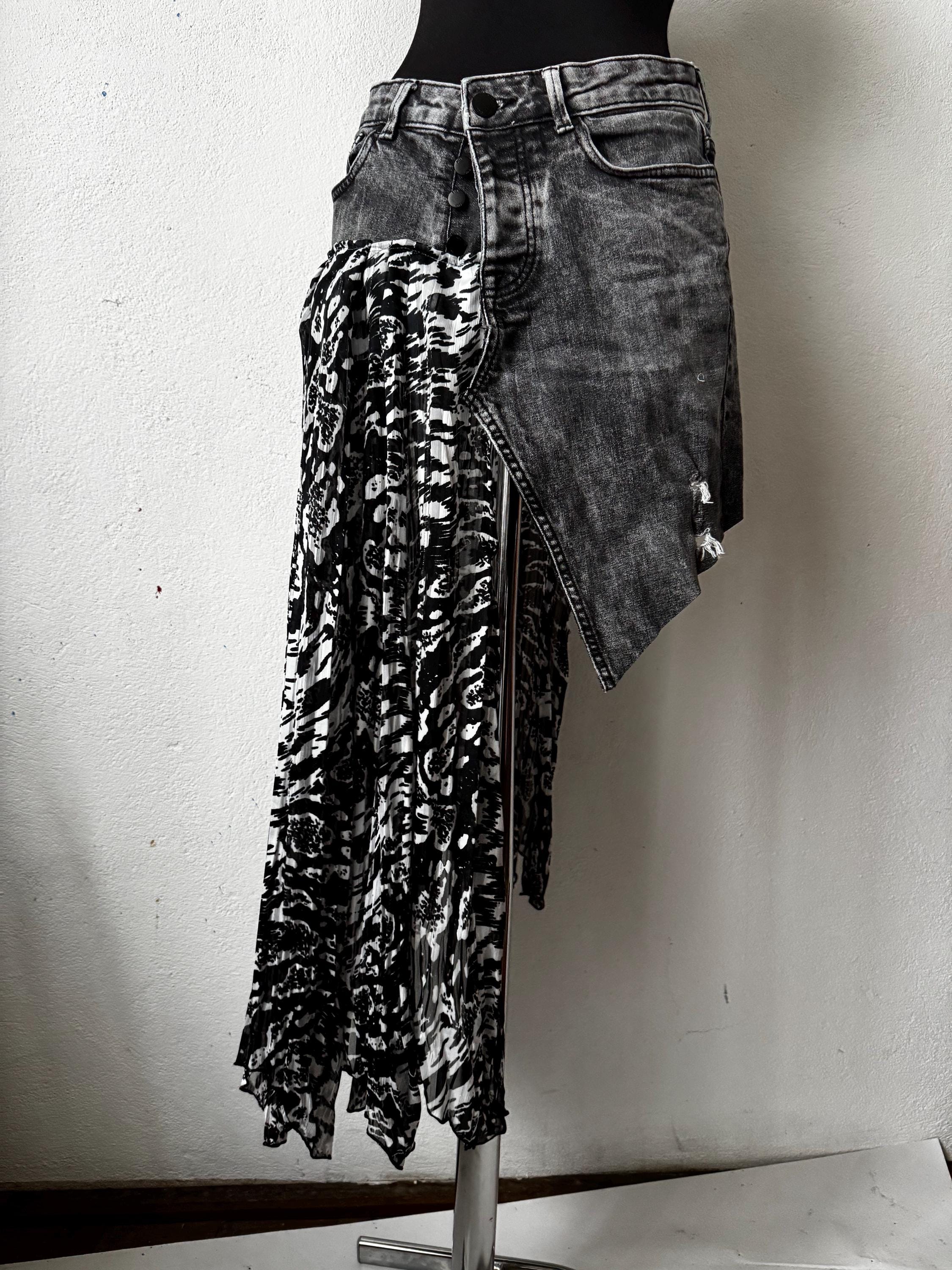 Skirt over jeans, recycled materials, contemporary design