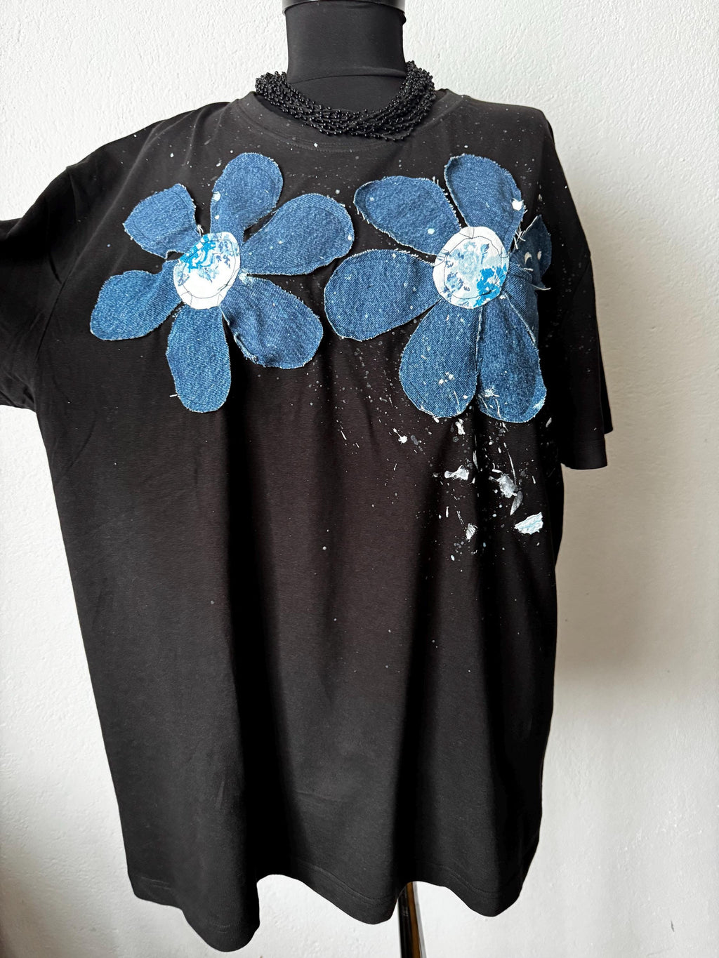 Denim flowers t-shirt, handpainted with recycled jeans patchwork