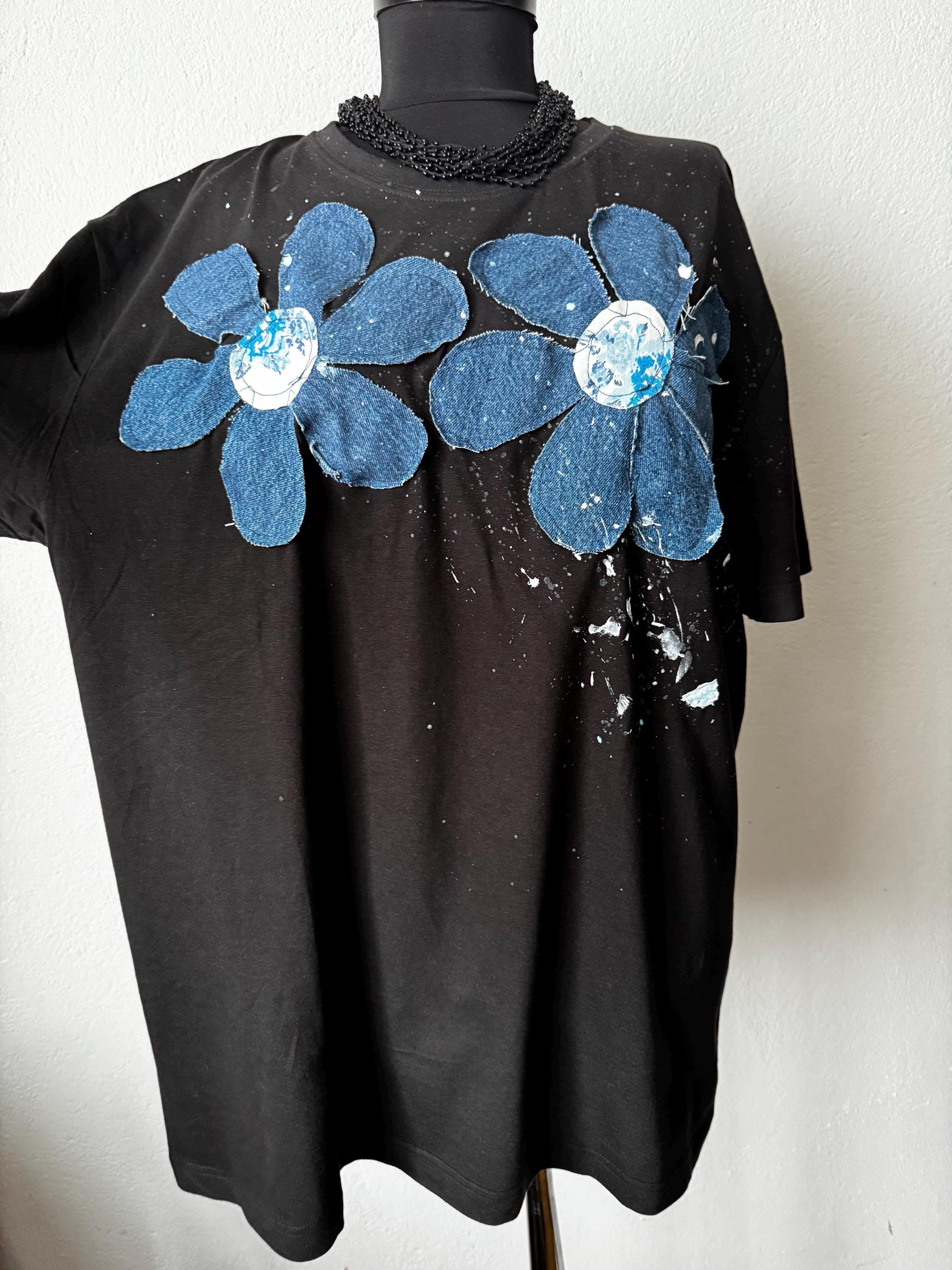 Denim flowers t-shirt, handpainted with recycled jeans patchwork