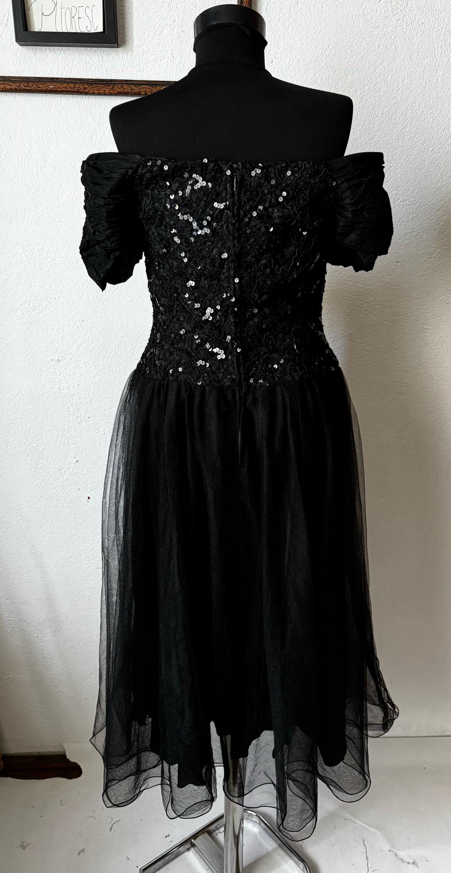 Vintage Vera Mont Black Tulle Gown, 80s Off-Shoulder Party Dress, Size L