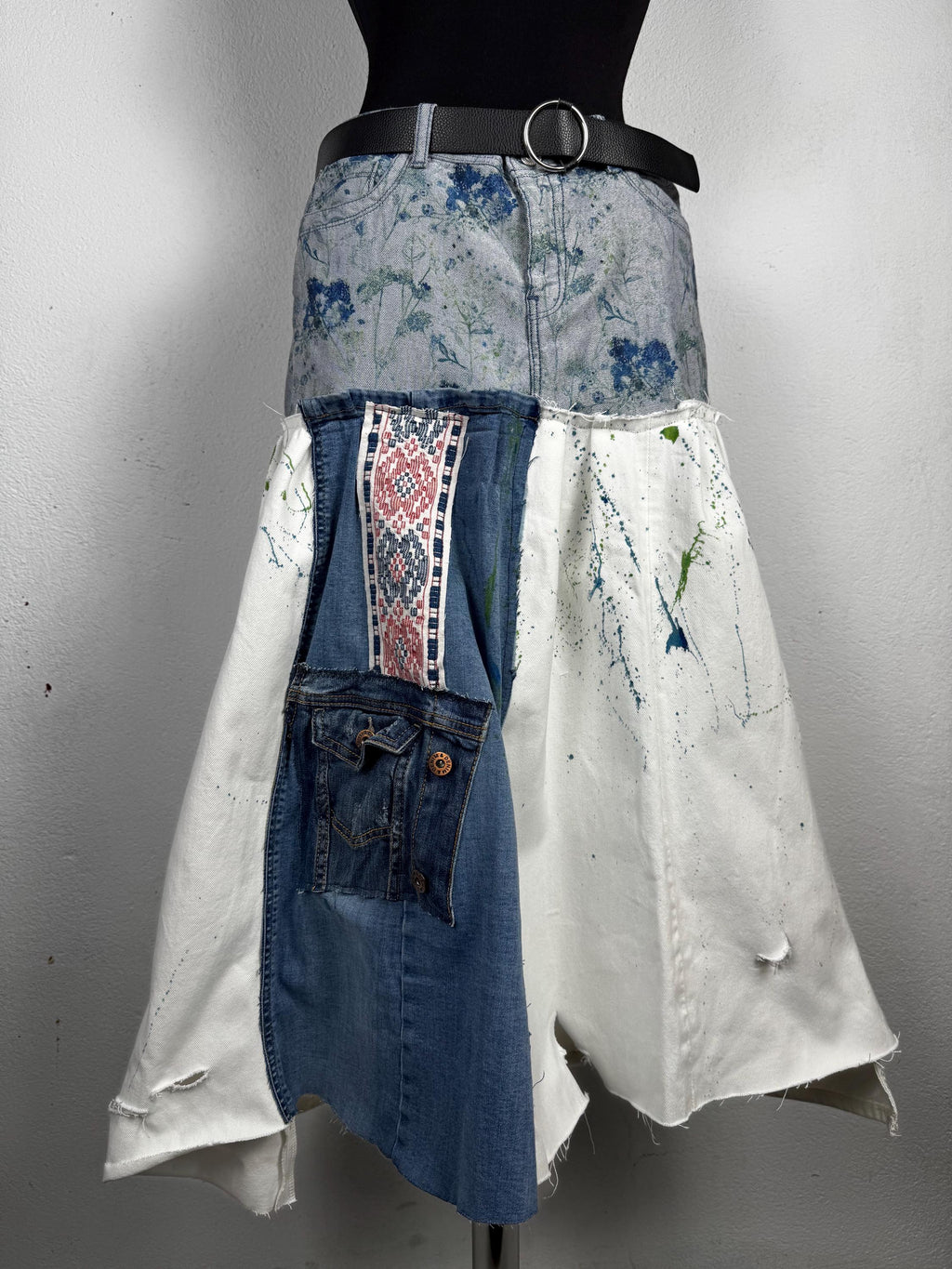 Upcycled skirt, hand painted denim, patchwork jeans