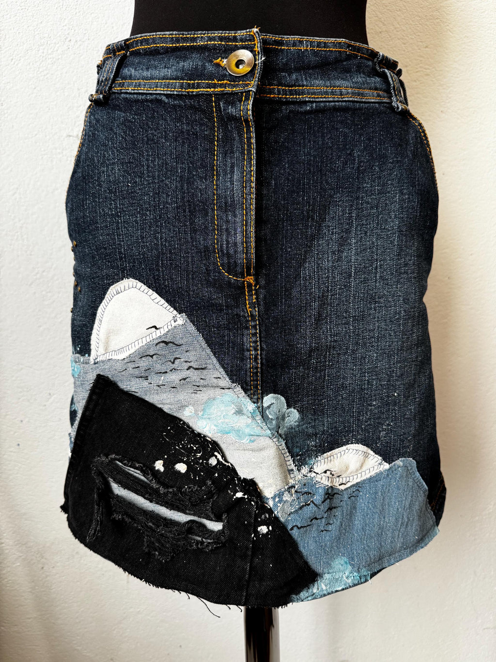 Reworked denim skirt, patchwork jeans with handpainted details