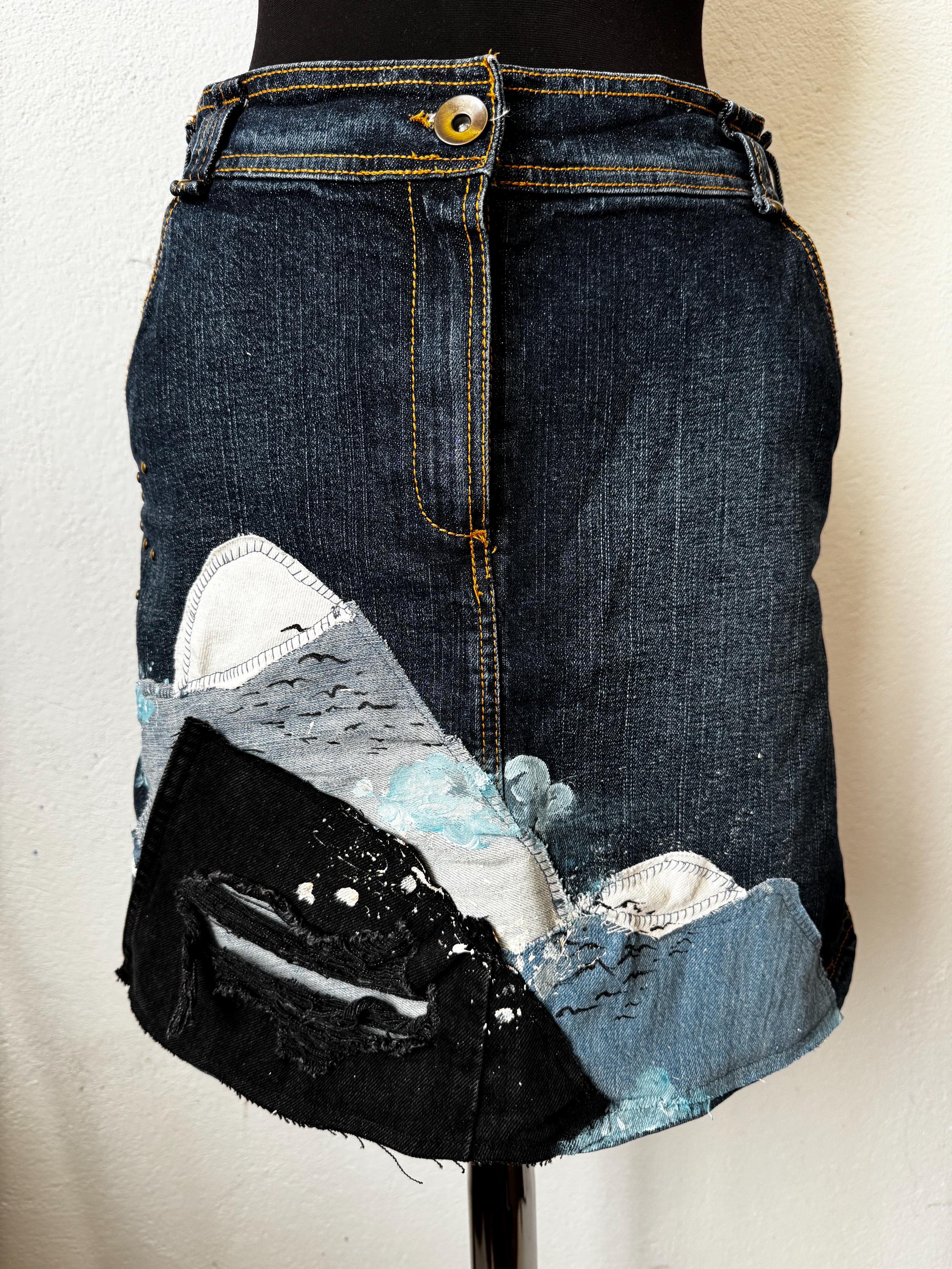 Reworked denim skirt, patchwork jeans with handpainted details