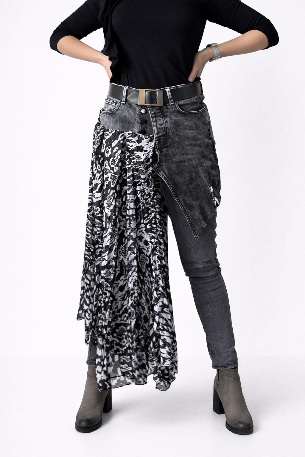 Skirt over jeans, recycled materials, contemporary design