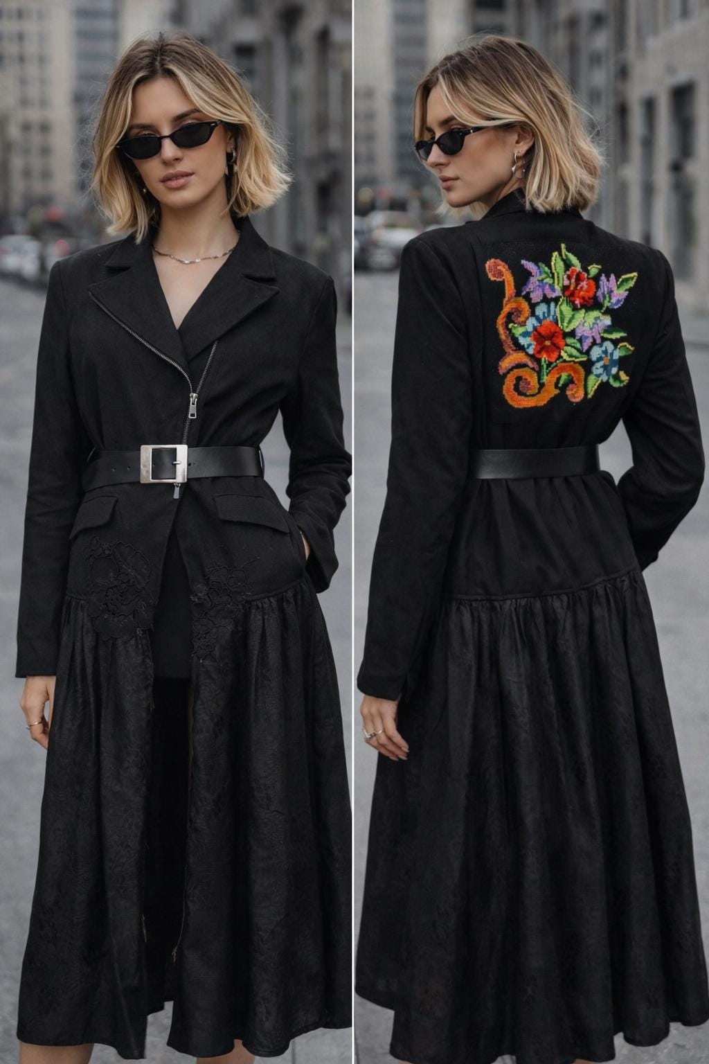 Avant-Garde Upcycled Wool Trench Coat with Hand Embroidery | One-of-a-Kind Sustainable Artwear