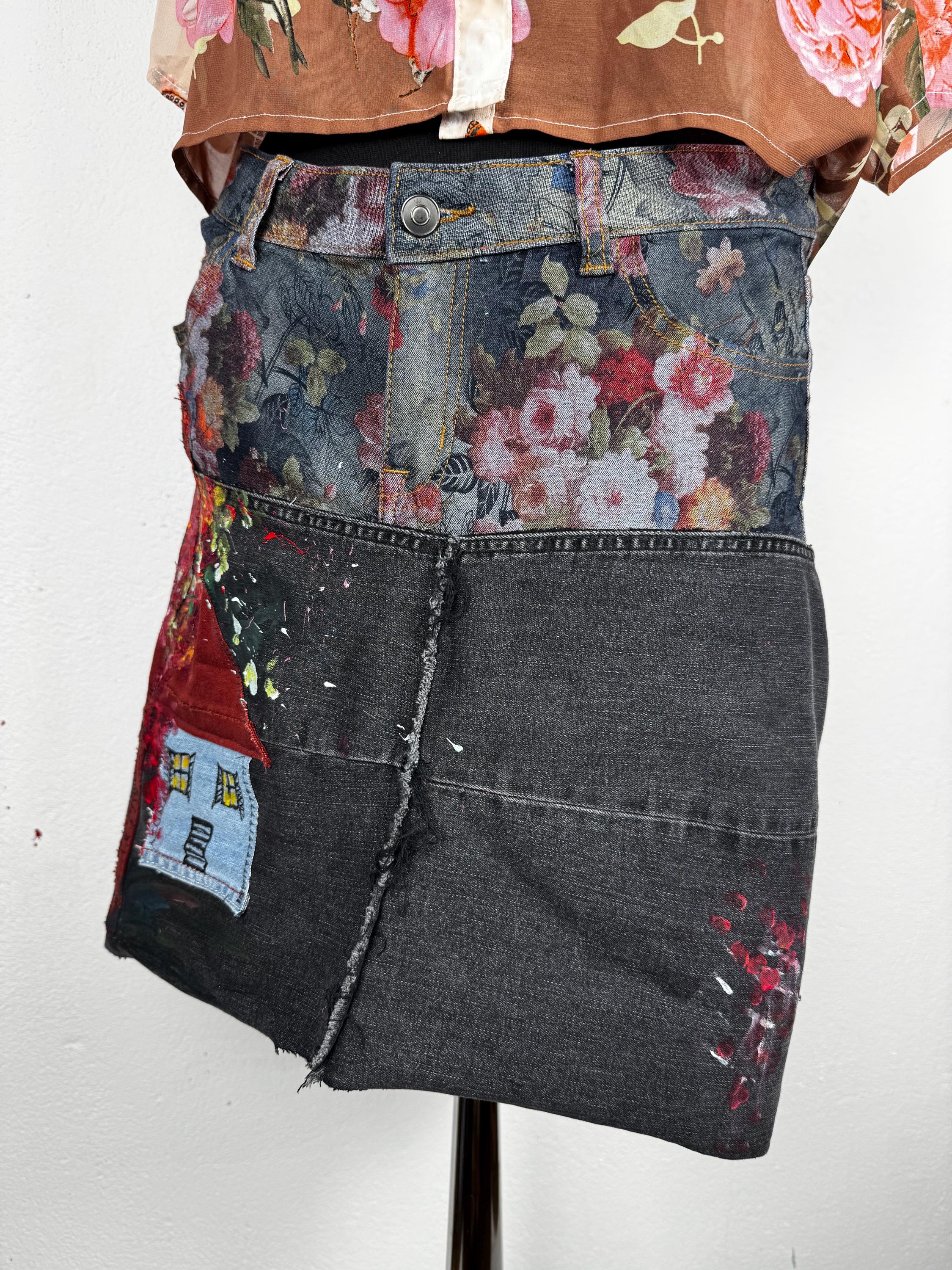 Boho Upcycled skirt with romantic cottage and flowers texture