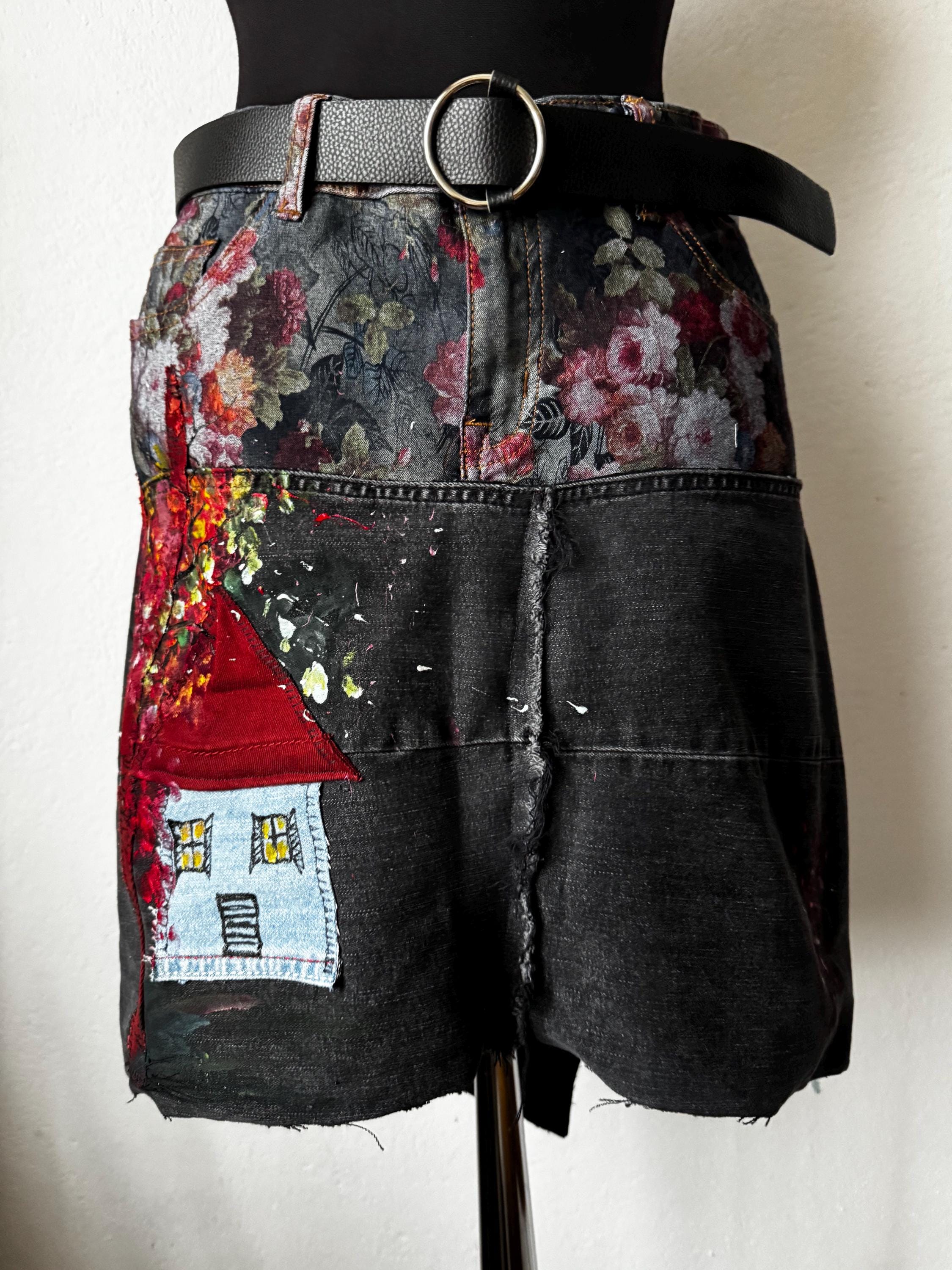 Boho Upcycled skirt with romantic cottage and flowers texture