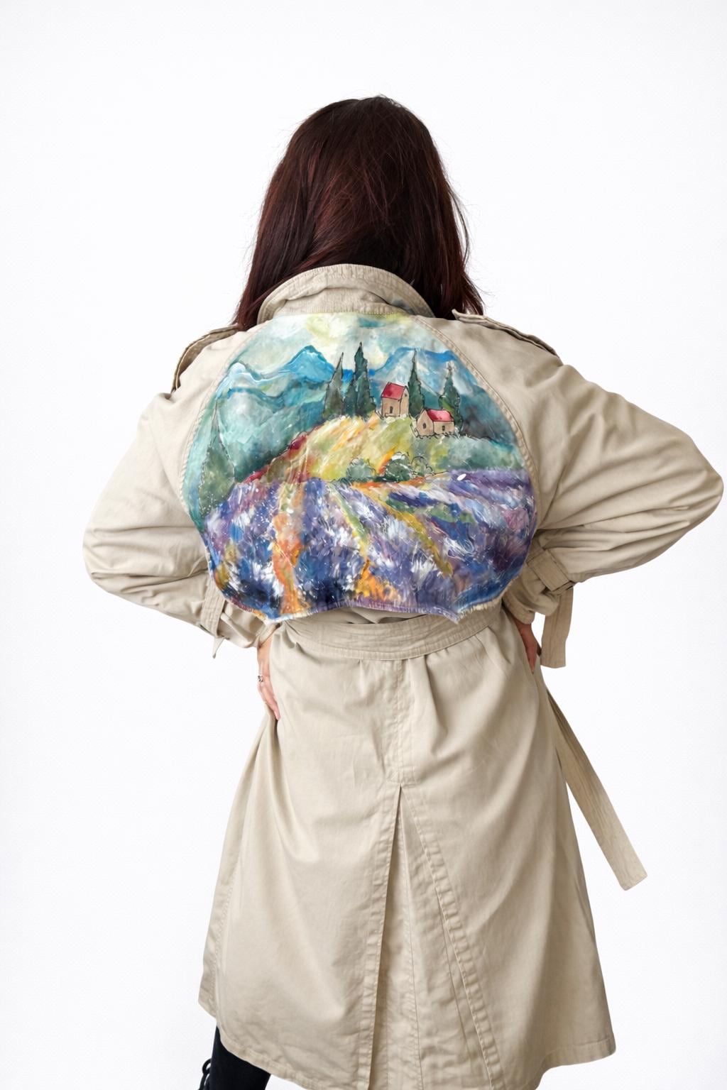 Hand painted vintage trench, one of a kind sustainable piece