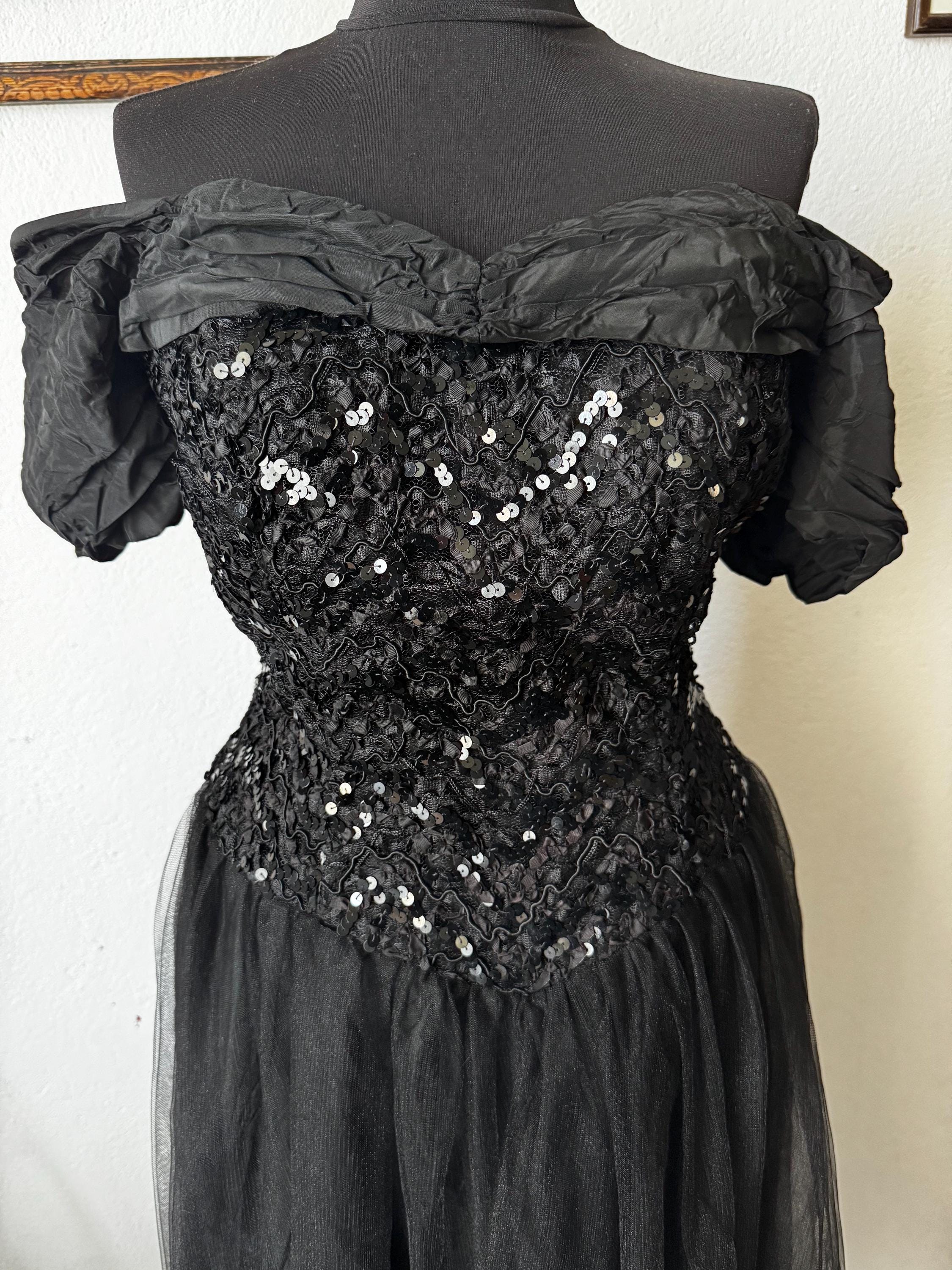 Vintage Vera Mont Black Tulle Gown, 80s Off-Shoulder Party Dress, Size L