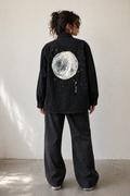 Upcycled Oversized Denim Jacket XS – Hand Painted Moon Jacket, Patchwork Moon, Embroidered “Moon Child”, Sustainable Streetwear