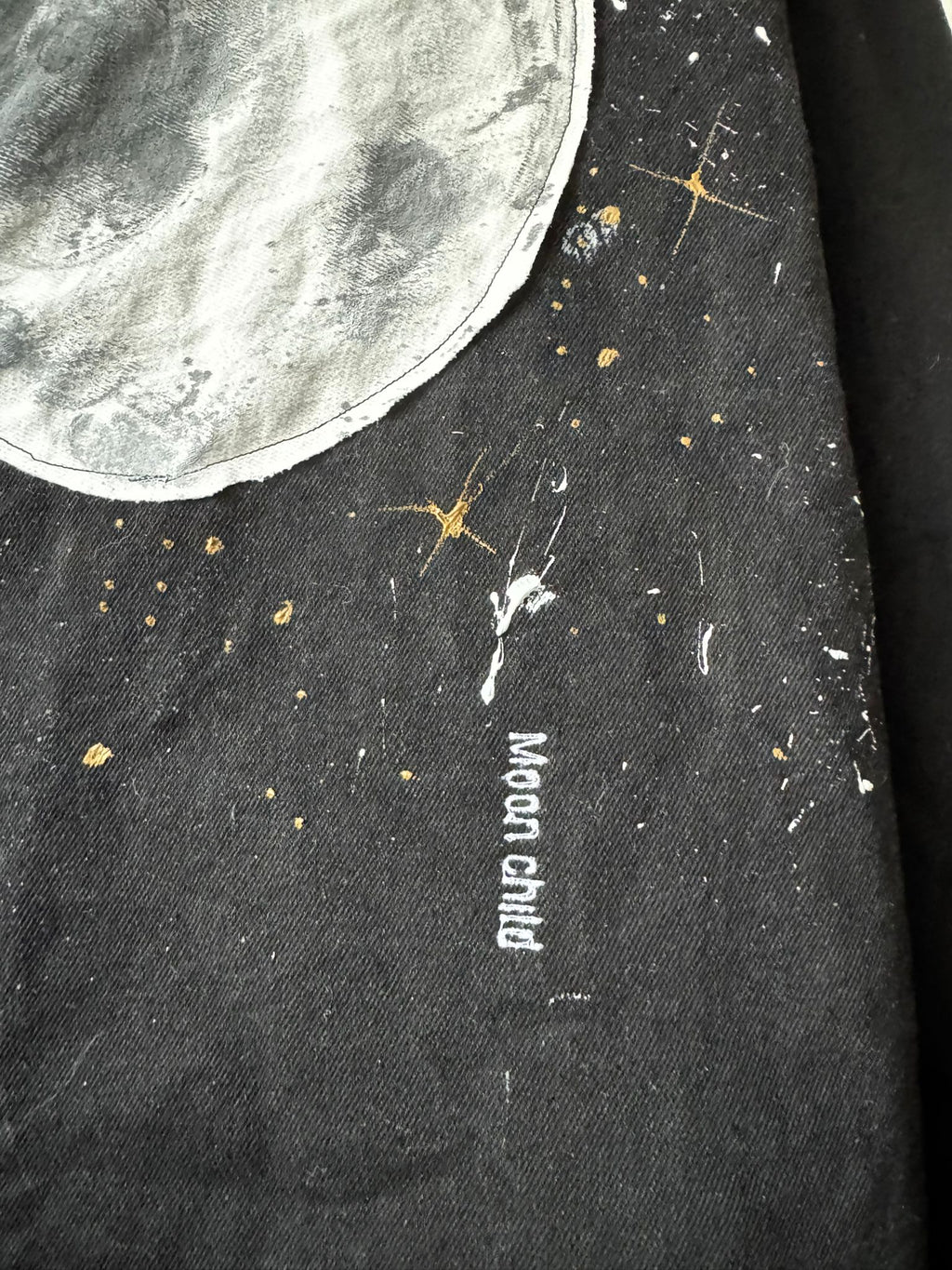 Upcycled Oversized Denim Jacket XS – Hand Painted Moon Jacket, Patchwork Moon, Embroidered “Moon Child”, Sustainable Streetwear