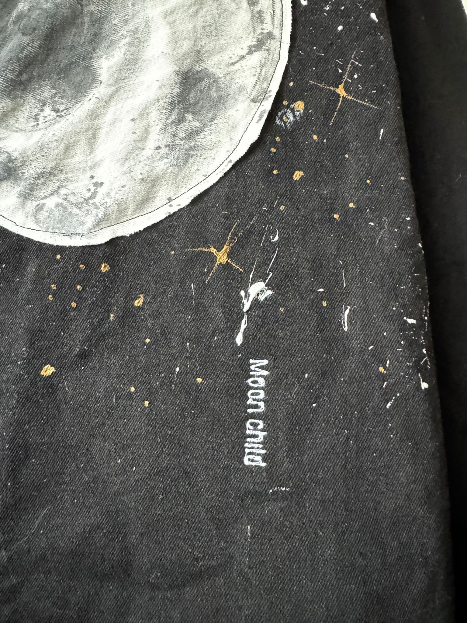 Upcycled Oversized Denim Jacket XS – Hand Painted Moon Jacket, Patchwork Moon, Embroidered “Moon Child”, Sustainable Streetwear