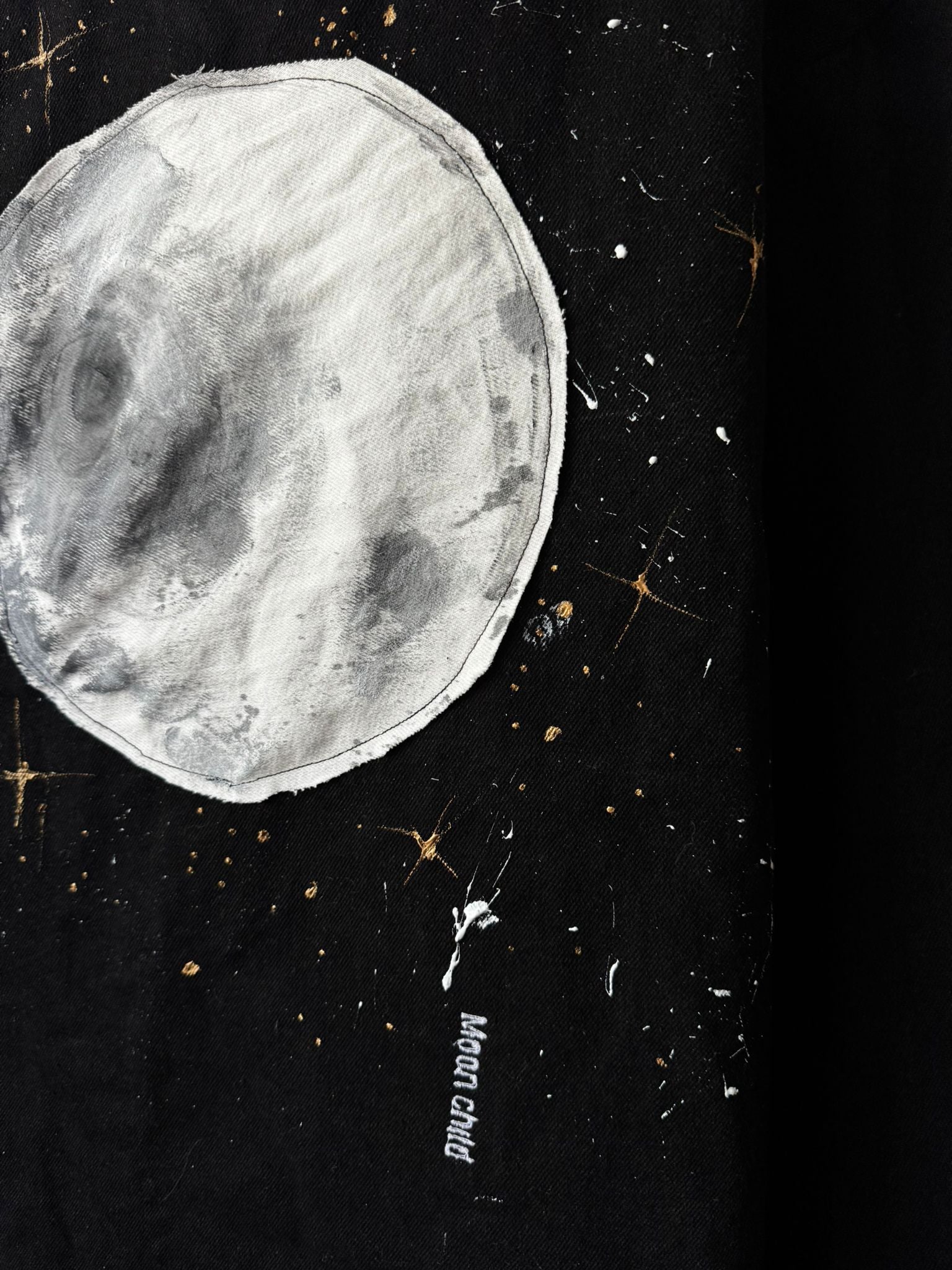 Upcycled Oversized Denim Jacket XS – Hand Painted Moon Jacket, Patchwork Moon, Embroidered “Moon Child”, Sustainable Streetwear
