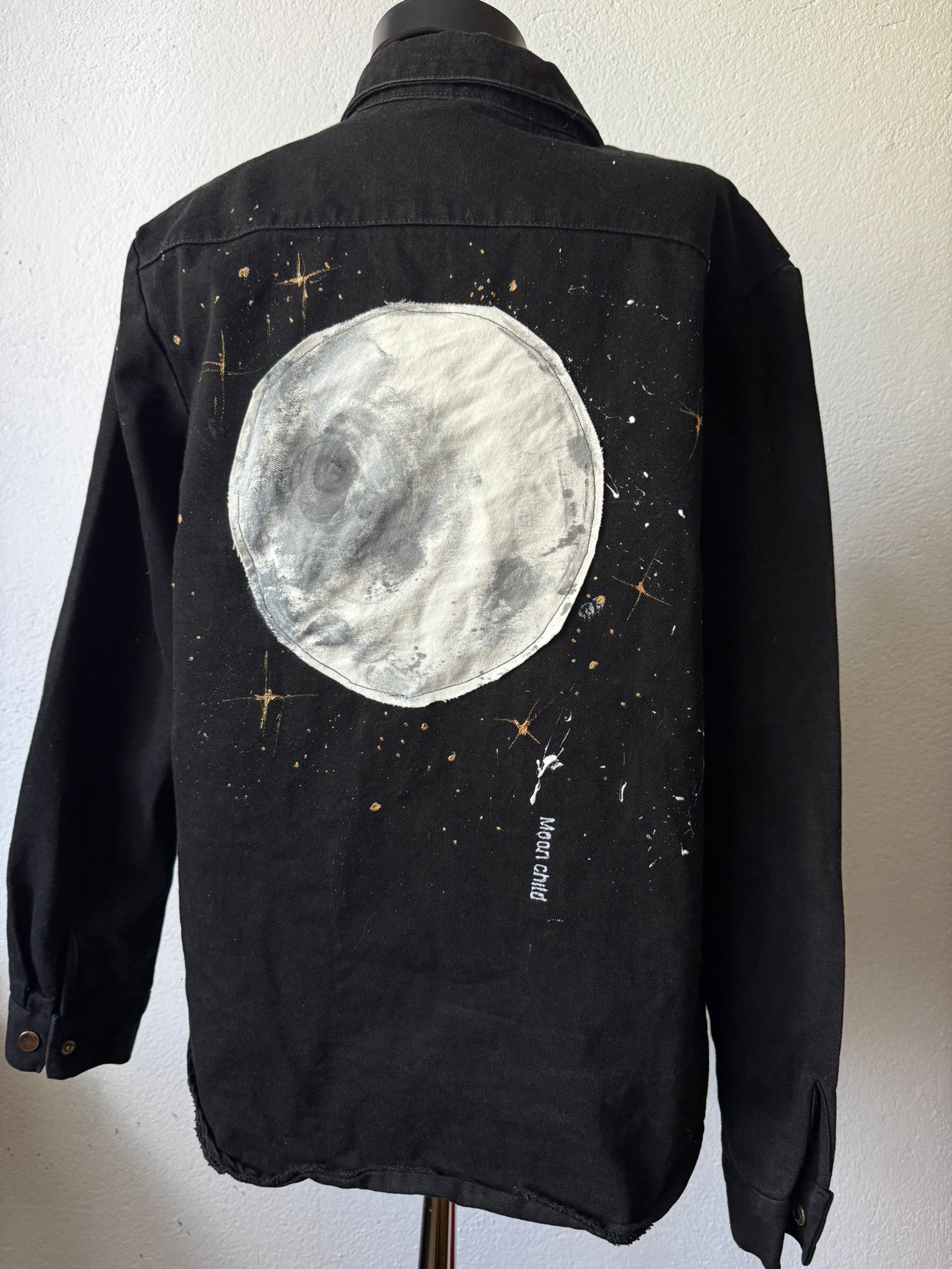 Upcycled Oversized Denim Jacket XS – Hand Painted Moon Jacket, Patchwork Moon, Embroidered “Moon Child”, Sustainable Streetwear