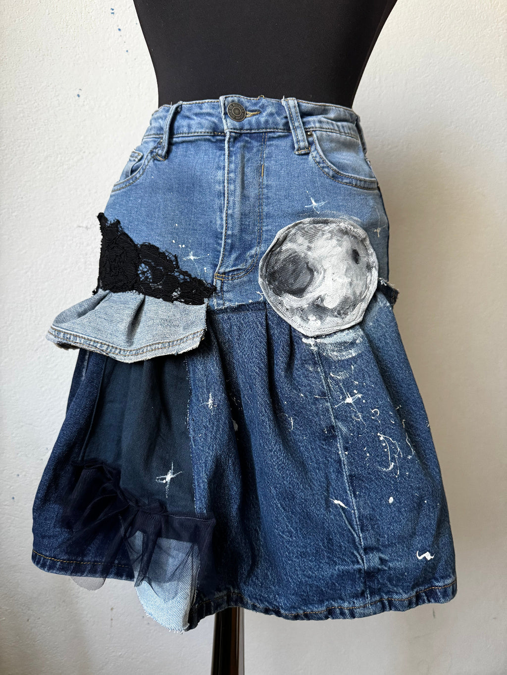 upcycledjeansskirt with moon handpainted