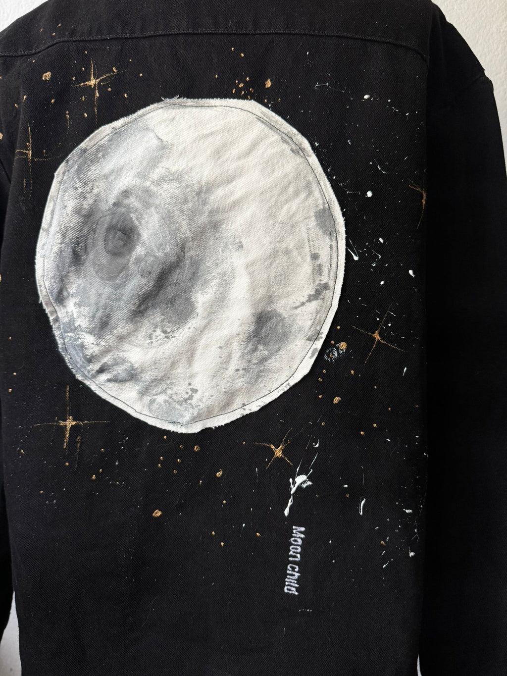 Upcycled Oversized Denim Jacket XS – Hand Painted Moon Jacket, Patchwork Moon, Embroidered “Moon Child”, Sustainable Streetwear